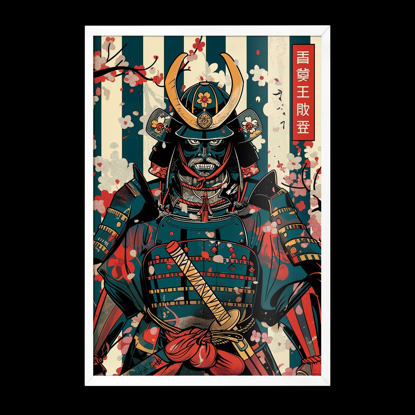 Samurai Art Print | Ukiyo-e Style with Pattern Background | Minimalist Japanese Wall Decor | Retro-Inspired Traditional Asian Design