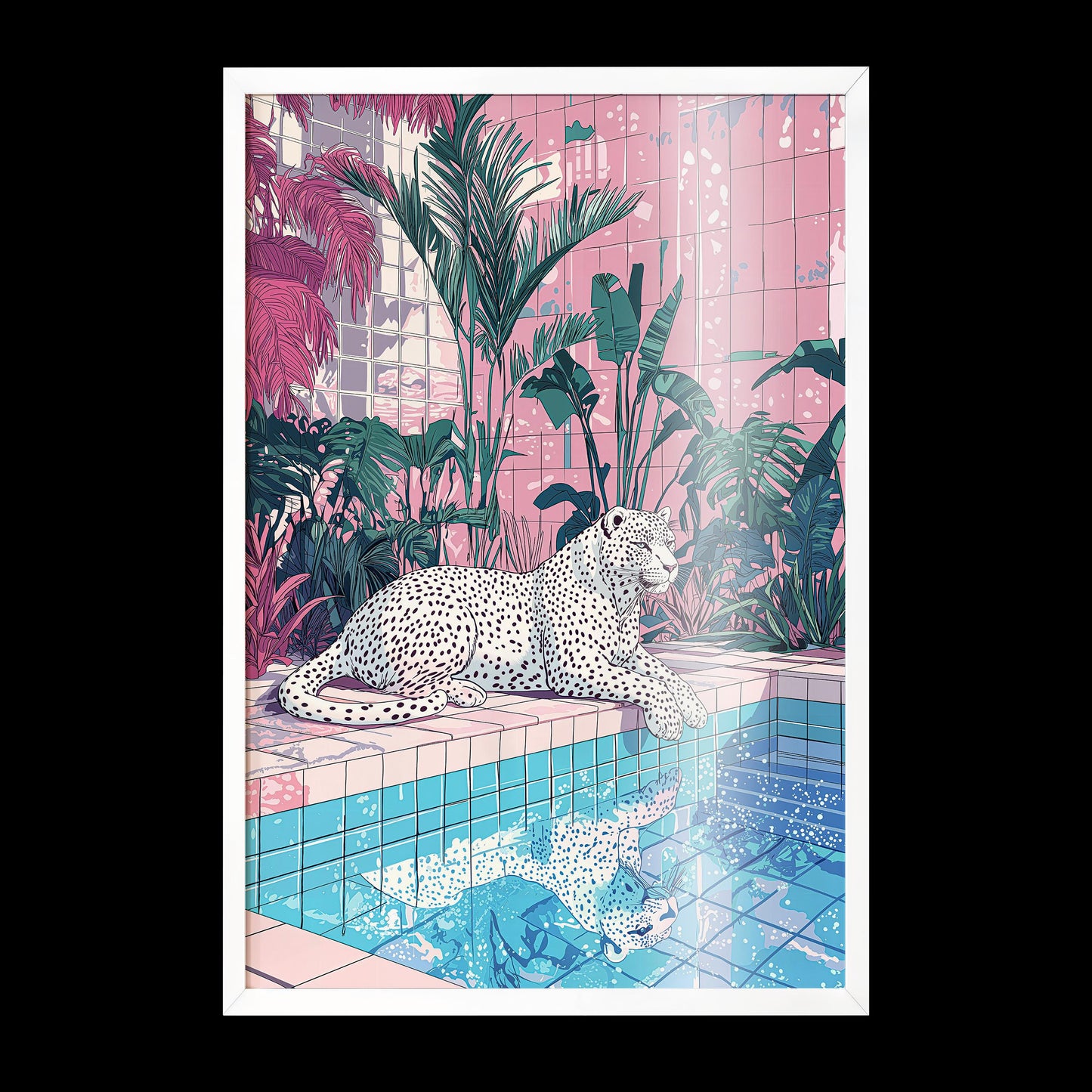 White Cheetah by Poolside Art - Hiroshi Nagai Inspired Pink Tile Print - Dreamy Fauna Wall Decor