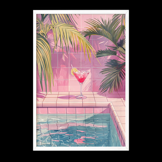 Margarita by the Poolside Art Print | Pink Tiles & Tropical Fauna | Hiroshi Nagai Inspired | Retro Minimalist Design | Semi-Gloss Finish