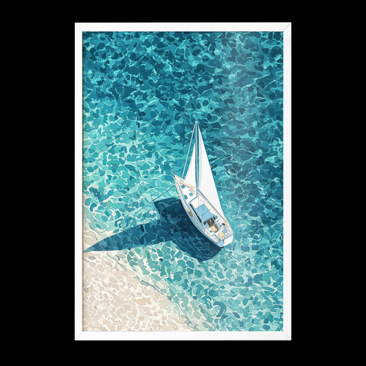 Sailboat Aerial View Print | Crystal Clear Water | Travel Art | Hiroshi Nagai Inspired | Minimalist Coastal Poster