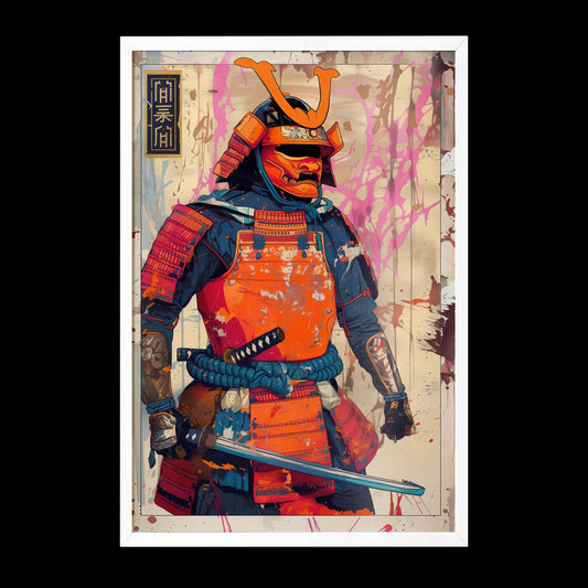 Orange and Blue Samurai Poster Print | Semi-Gloss Finish | Japanese Warrior Decor | Comic Book Style Art | Wall Art