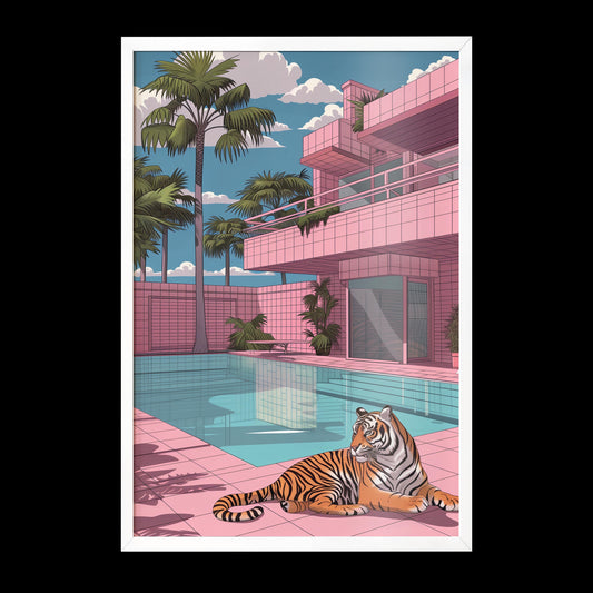 Tiger at the Poolside Print | Hiroshi Nagai Inspired | Brutalism Architecture | Retro Minimalist Art | Semi-Gloss | Wall Art | Home Decor