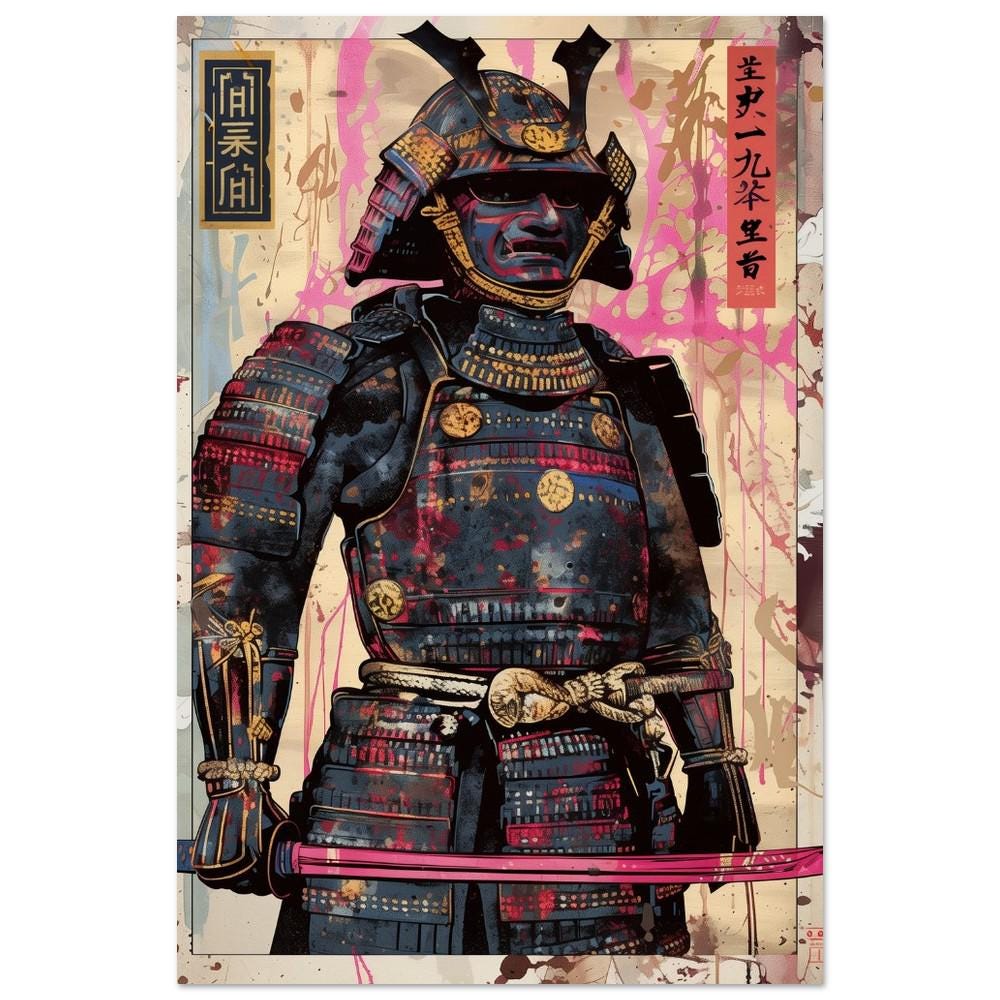 Black Armor Samurai Poster Print | Semi-Gloss Finish, Aluminum Print, Framed Options | Japanese Warrior Decor | Comic Book Style Art