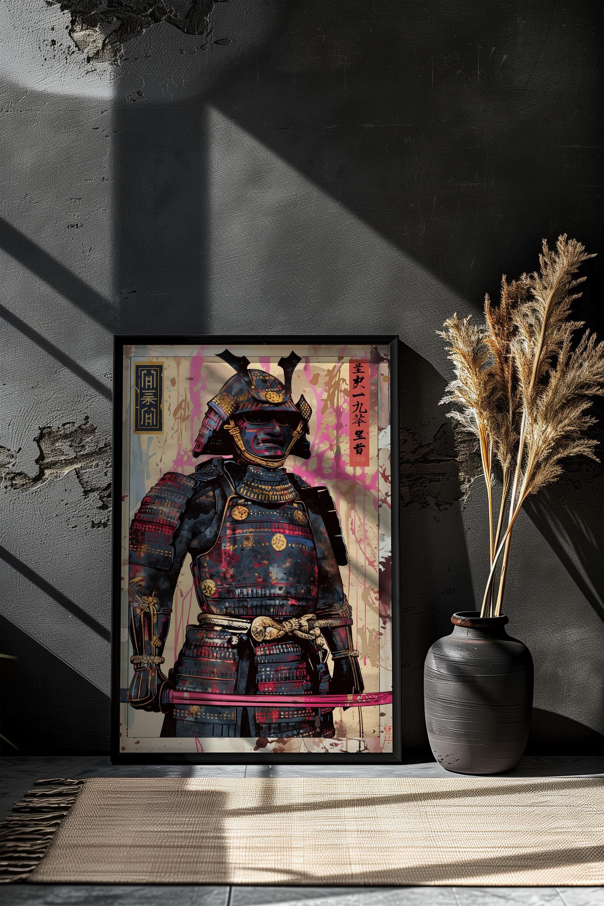 Black Armor Samurai Poster Print | Semi-Gloss Finish, Aluminum Print, Framed Options | Japanese Warrior Decor | Comic Book Style Art