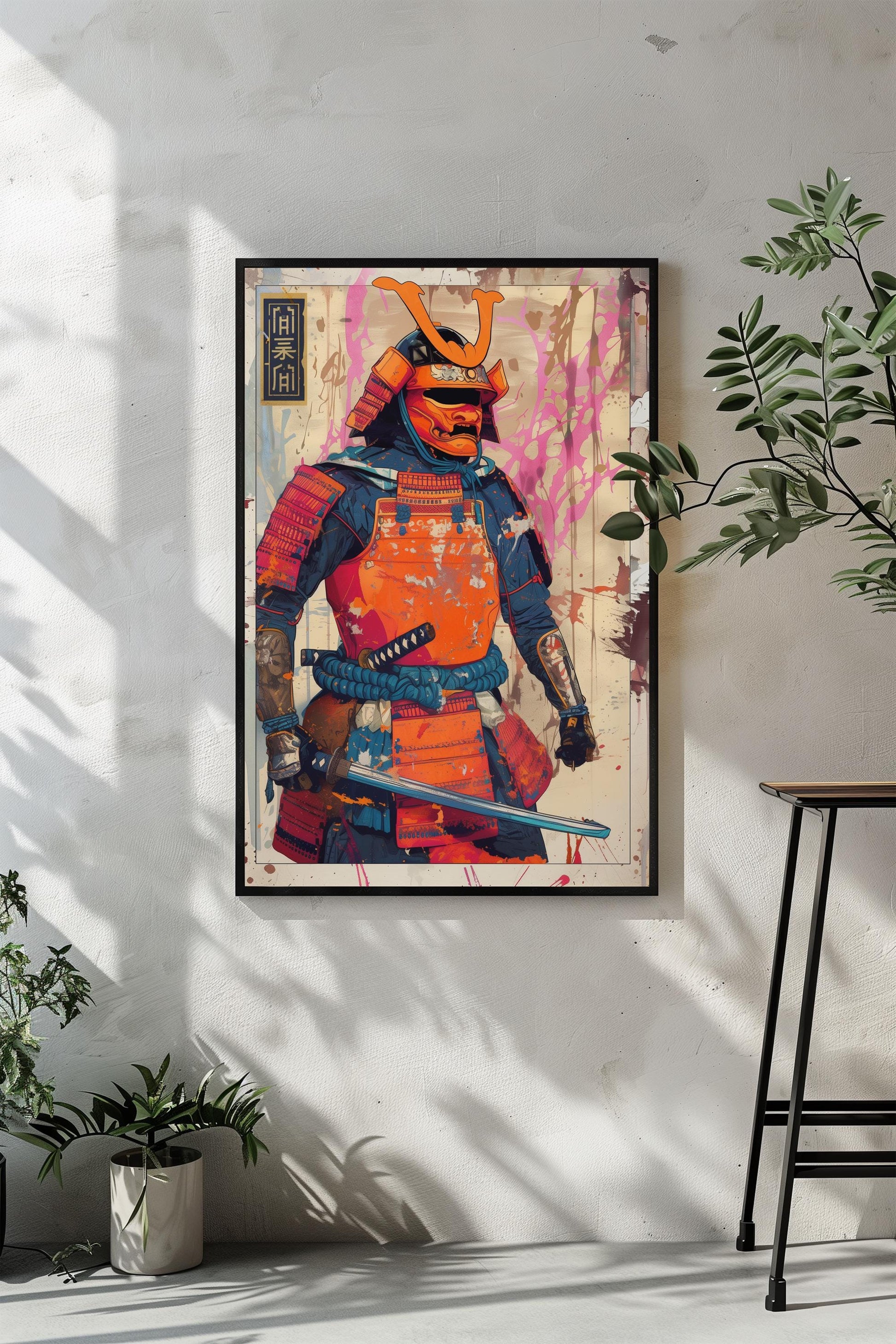 Orange and Blue Samurai Poster Print | Semi-Gloss Finish | Japanese Warrior Decor | Comic Book Style Art | Wall Art