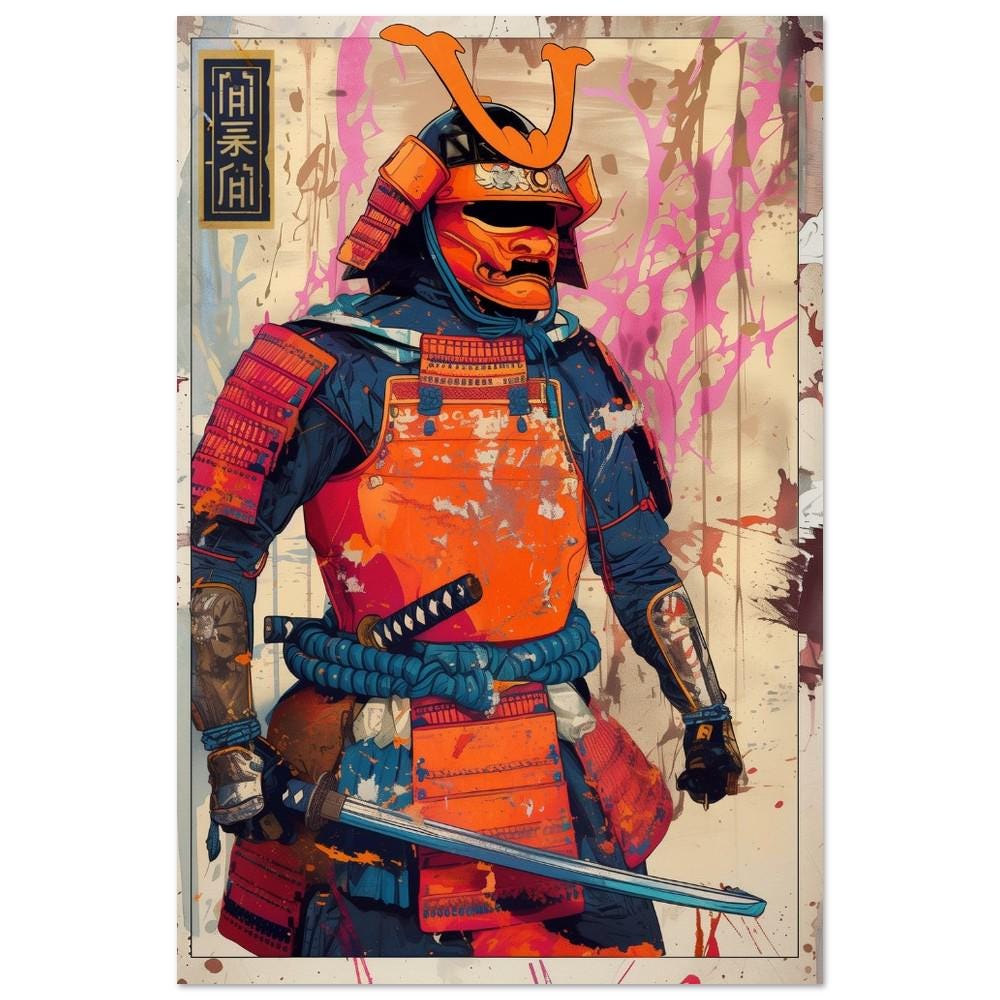 Orange and Blue Samurai Poster Print | Semi-Gloss Finish | Japanese Warrior Decor | Comic Book Style Art | Wall Art