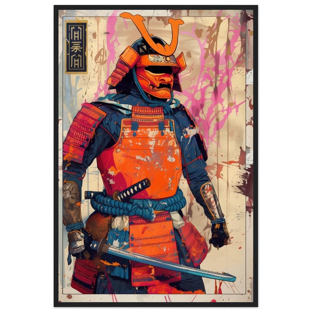 Orange and Blue Samurai Poster Print | Semi-Gloss Finish | Japanese Warrior Decor | Comic Book Style Art | Wall Art