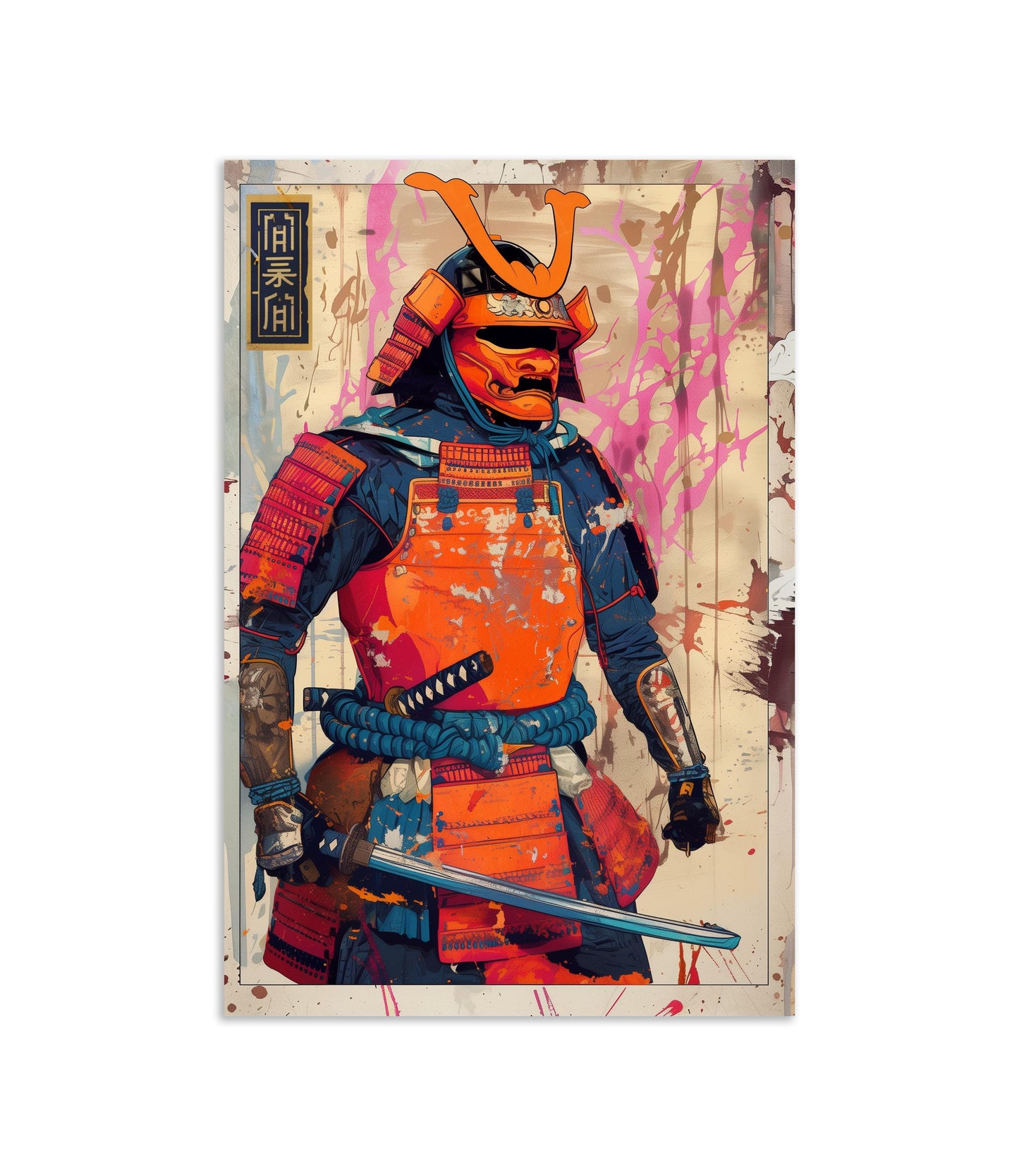 Orange and Blue Samurai Poster Print | Semi-Gloss Finish | Japanese Warrior Decor | Comic Book Style Art | Wall Art