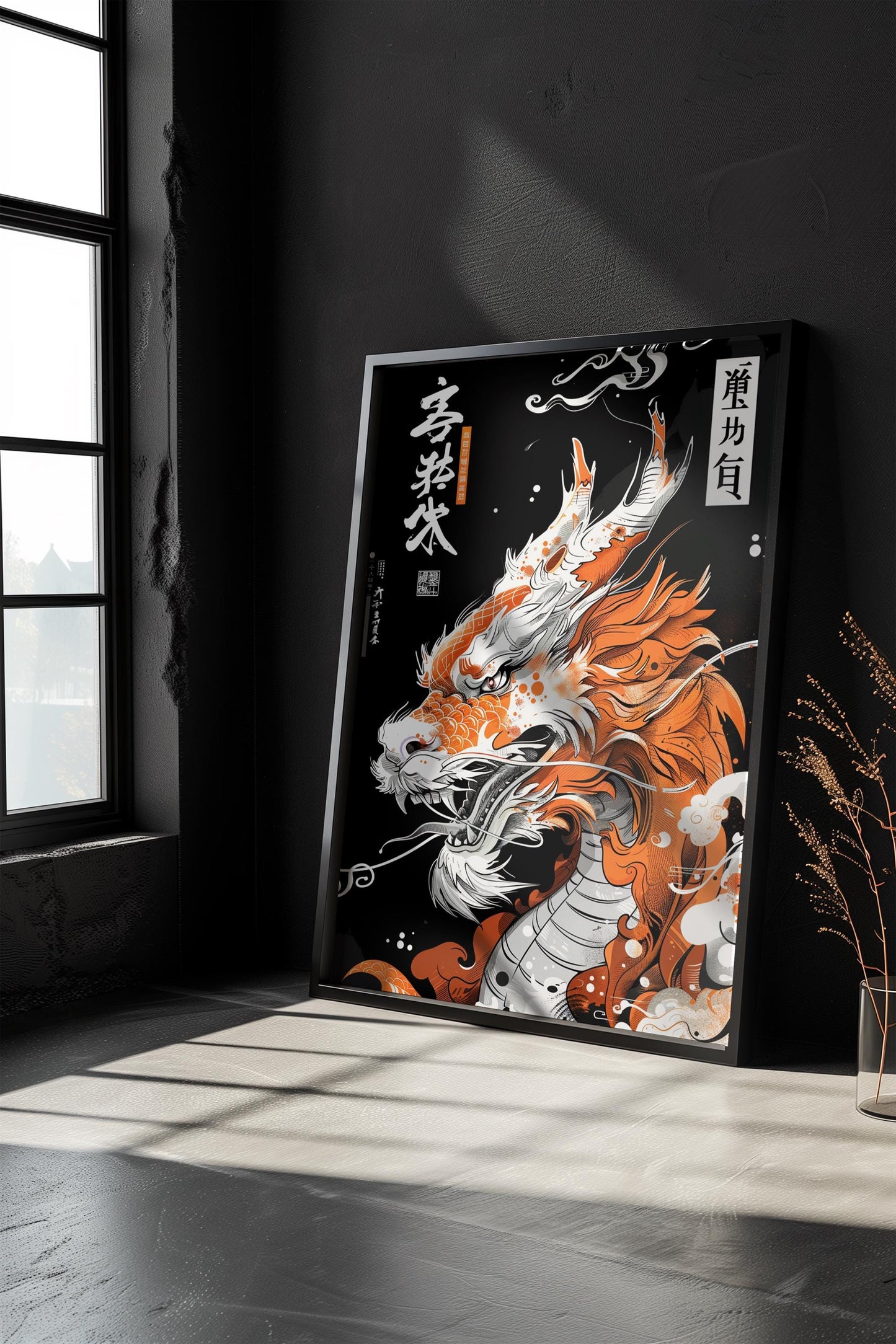 Orange, White, and Black Japanese Traditional Dragon Print | Ukiyo-e Style Art | Semi-Gloss Finish | Wall Art