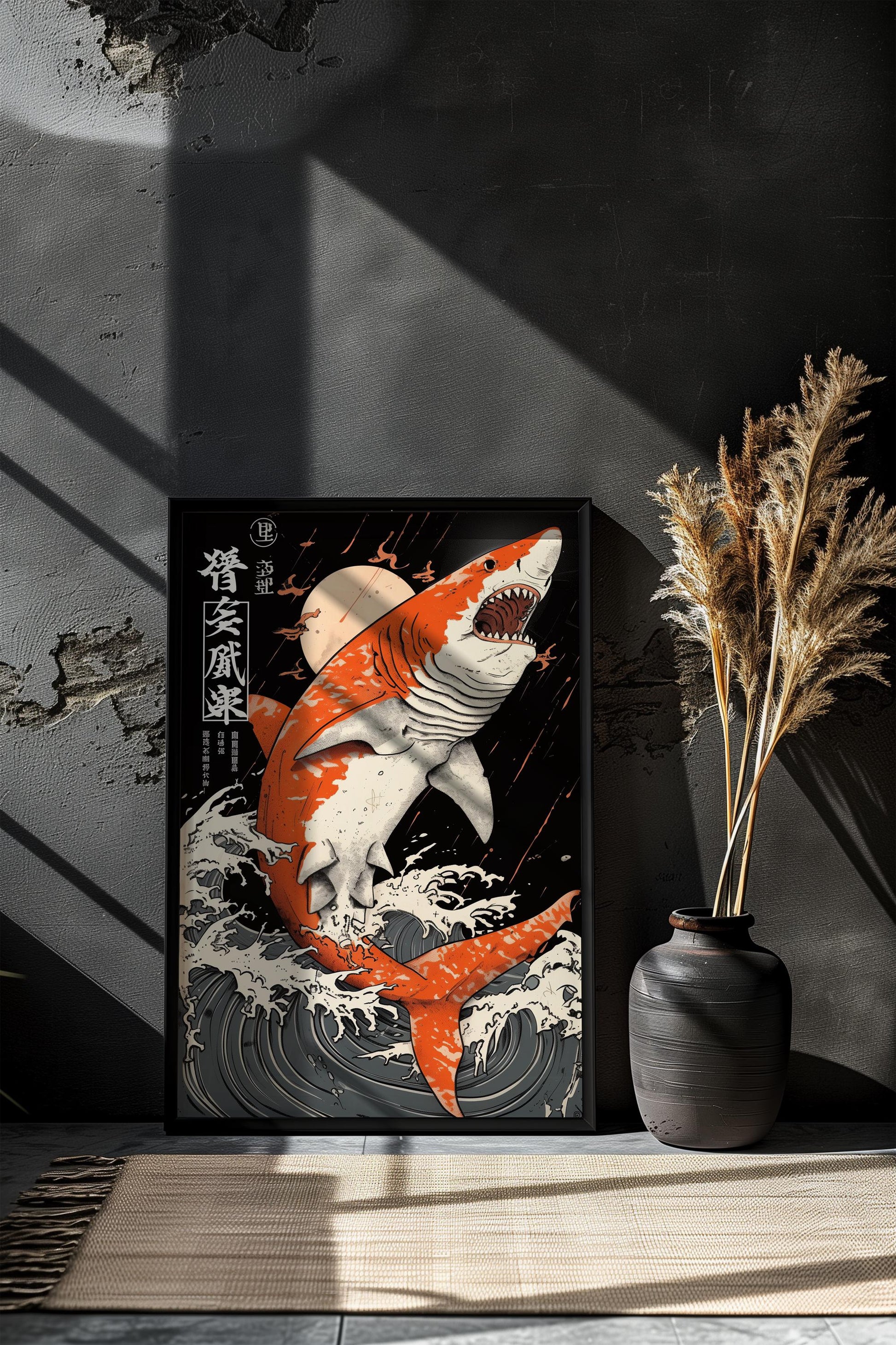 Shark Japanese Ukiyo-e Inspired Cartoon Art Print | Black, White, and Orange | Semi-Gloss | Wall Art | Home Decor | Office Decor