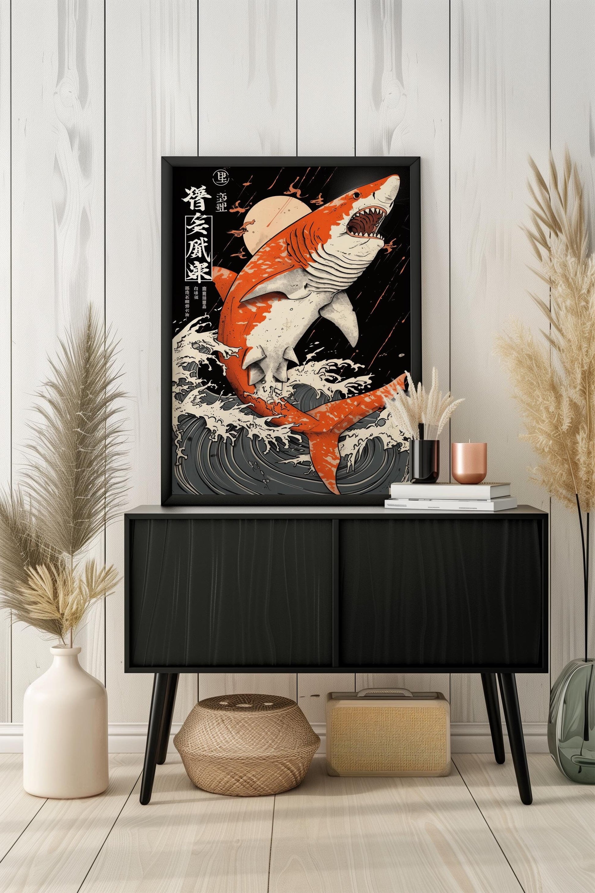 Shark Japanese Ukiyo-e Inspired Cartoon Art Print | Black, White, and Orange | Semi-Gloss | Wall Art | Home Decor | Office Decor