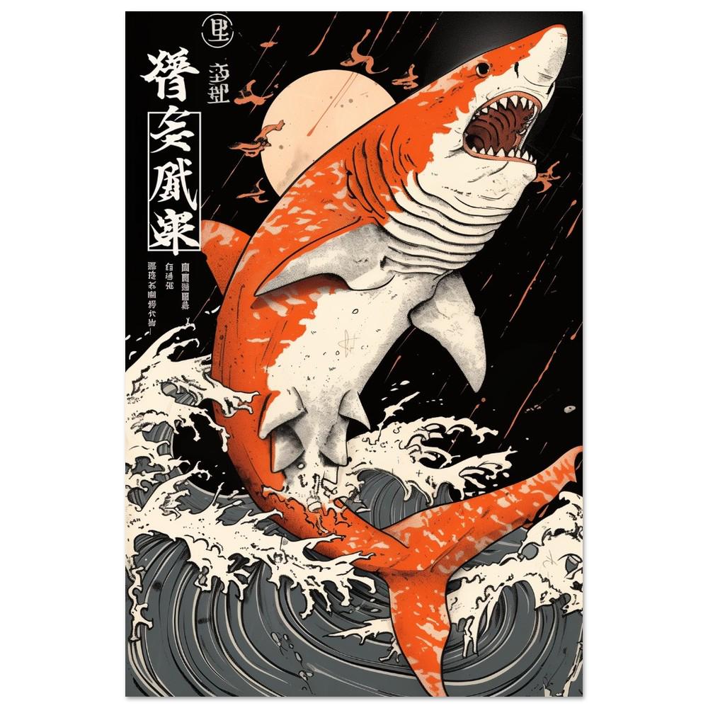 Shark Japanese Ukiyo-e Inspired Cartoon Art Print | Black, White, and Orange | Semi-Gloss | Wall Art | Home Decor | Office Decor