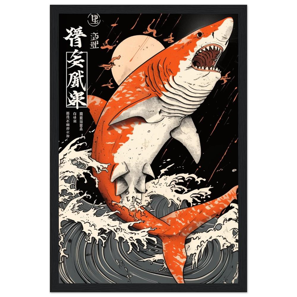 Shark Japanese Ukiyo-e Inspired Cartoon Art Print | Black, White, and Orange | Semi-Gloss | Wall Art | Home Decor | Office Decor