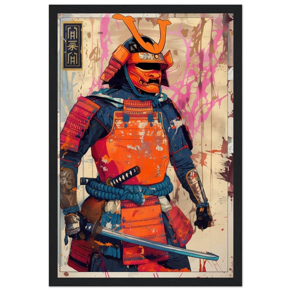 Orange and Blue Samurai Poster Print | Semi-Gloss Finish | Japanese Warrior Decor | Comic Book Style Art | Wall Art