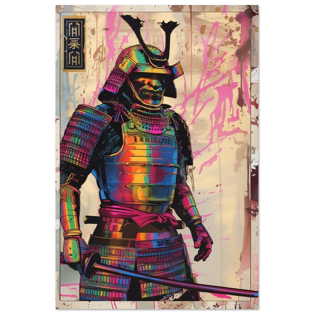 Rainbow Colored Samurai Poster Print | Semi-Gloss Finish | Japanese Warrior Decor | Comic Book Style Art | Wall Art | Home or Office Decor