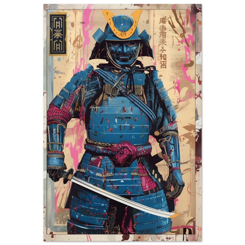 Blue Samurai Poster Print | Semi-Gloss Finish | Japanese Warrior Decor | Comic Book Style Art | Wall Art | Home or Office Decor