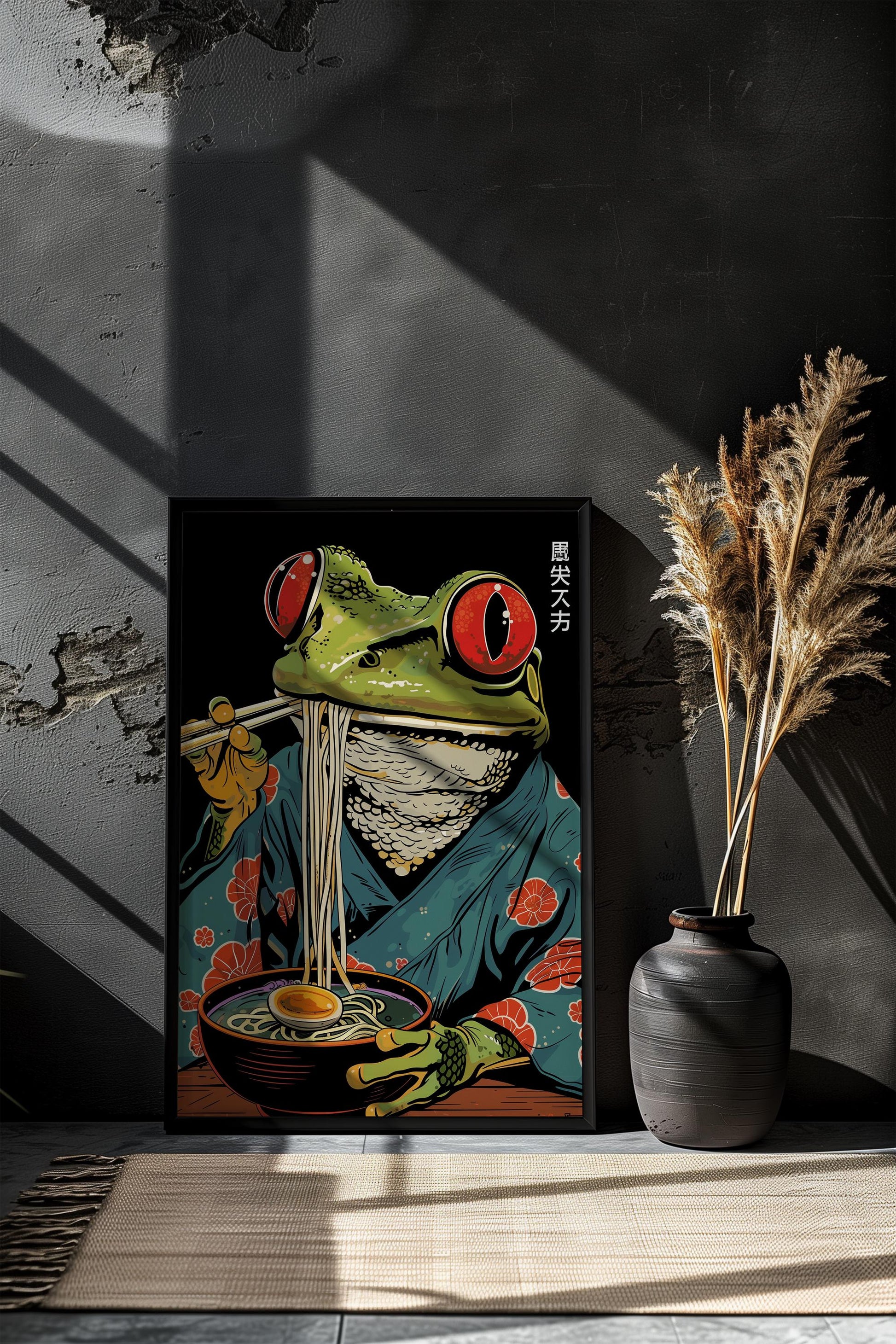 Frog Eating Ramen Print | Japanese Cartoon Style Art | Semi-Gloss Finish | Fun Wall Art | Home or Office Decor