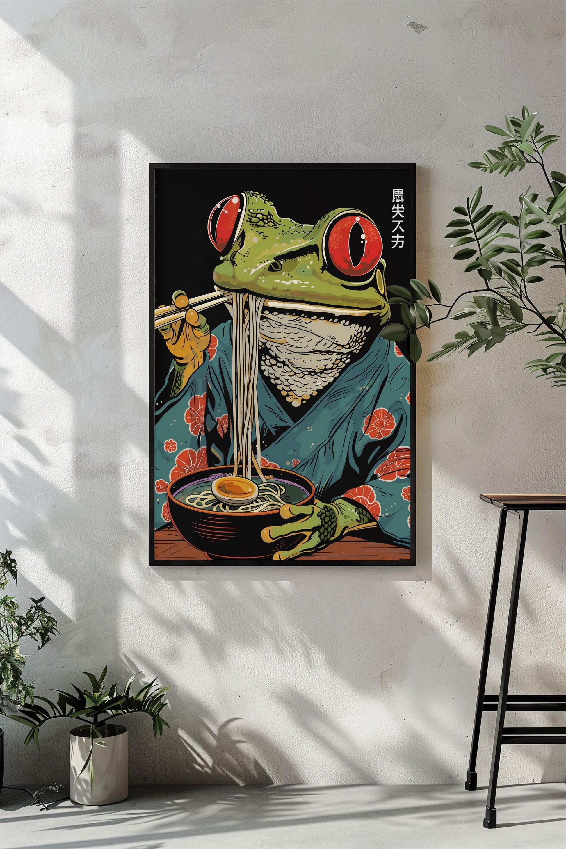 Frog Eating Ramen Print | Japanese Cartoon Style Art | Semi-Gloss Finish | Fun Wall Art | Home or Office Decor