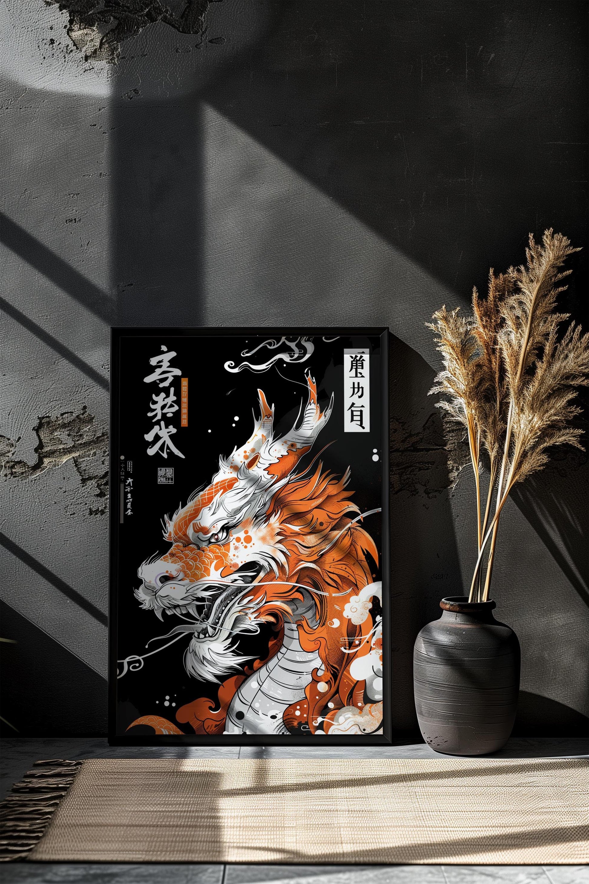 Orange, White, and Black Japanese Traditional Dragon Print | Ukiyo-e Style Art | Semi-Gloss Finish | Wall Art