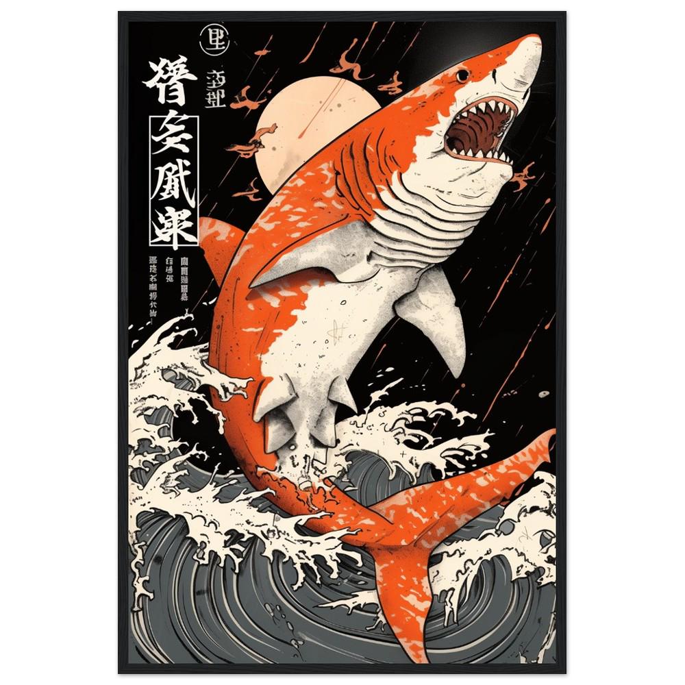 Shark Japanese Ukiyo-e Inspired Cartoon Art Print | Black, White, and Orange | Semi-Gloss | Wall Art | Home Decor | Office Decor