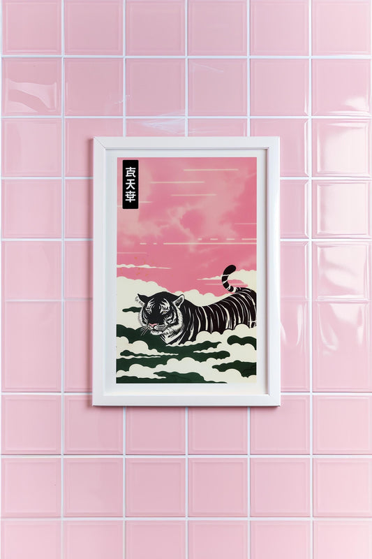 Tiger Minimalist Japanese Inspired Poster | Pastel Green and Pink | Elegant Art Print | Semi-Gloss | Wall Art | Home Decor | Office Decor