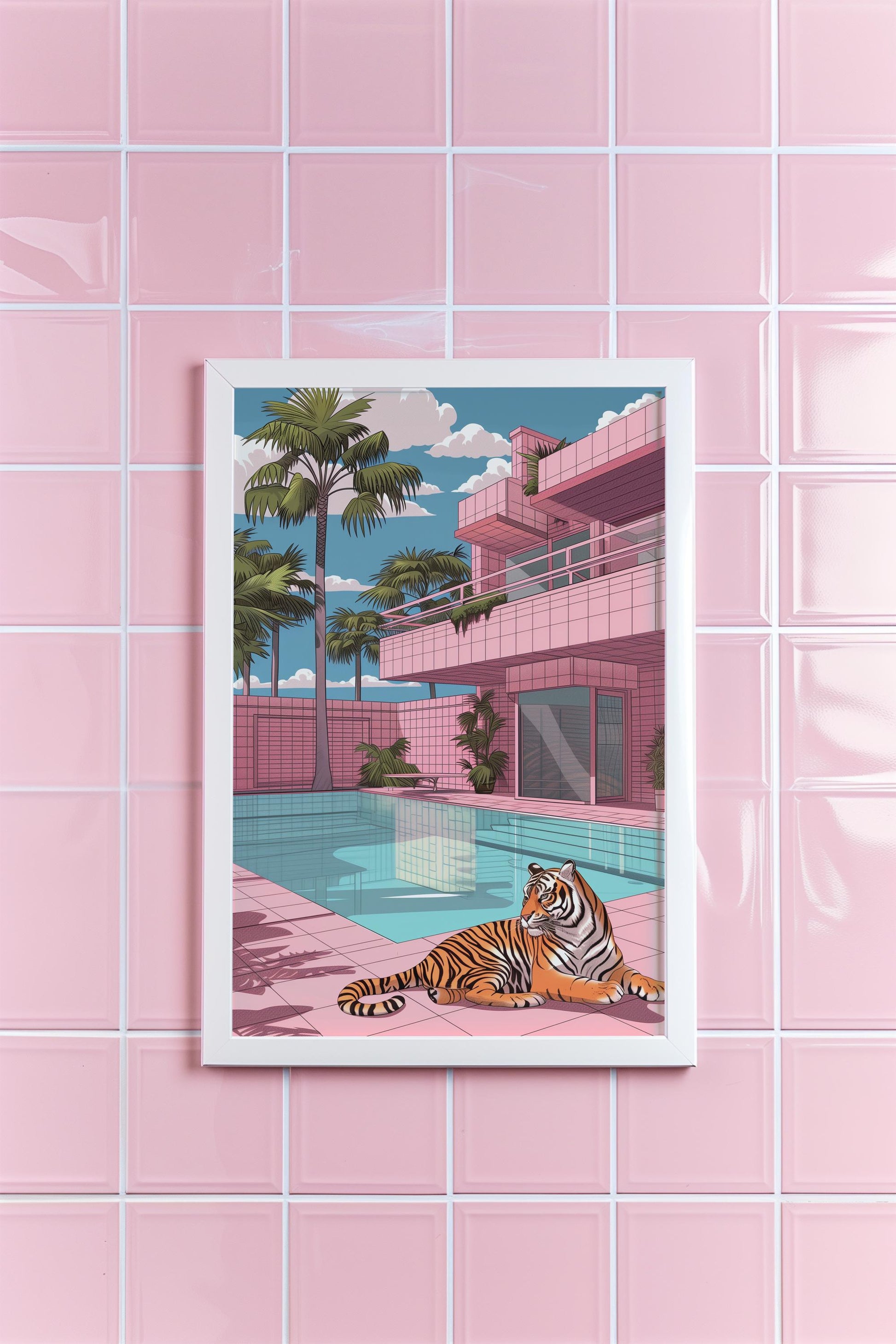 Tiger at the Poolside Print | Hiroshi Nagai Inspired | Brutalism Architecture | Retro Minimalist Art | Semi-Gloss | Wall Art | Home Decor