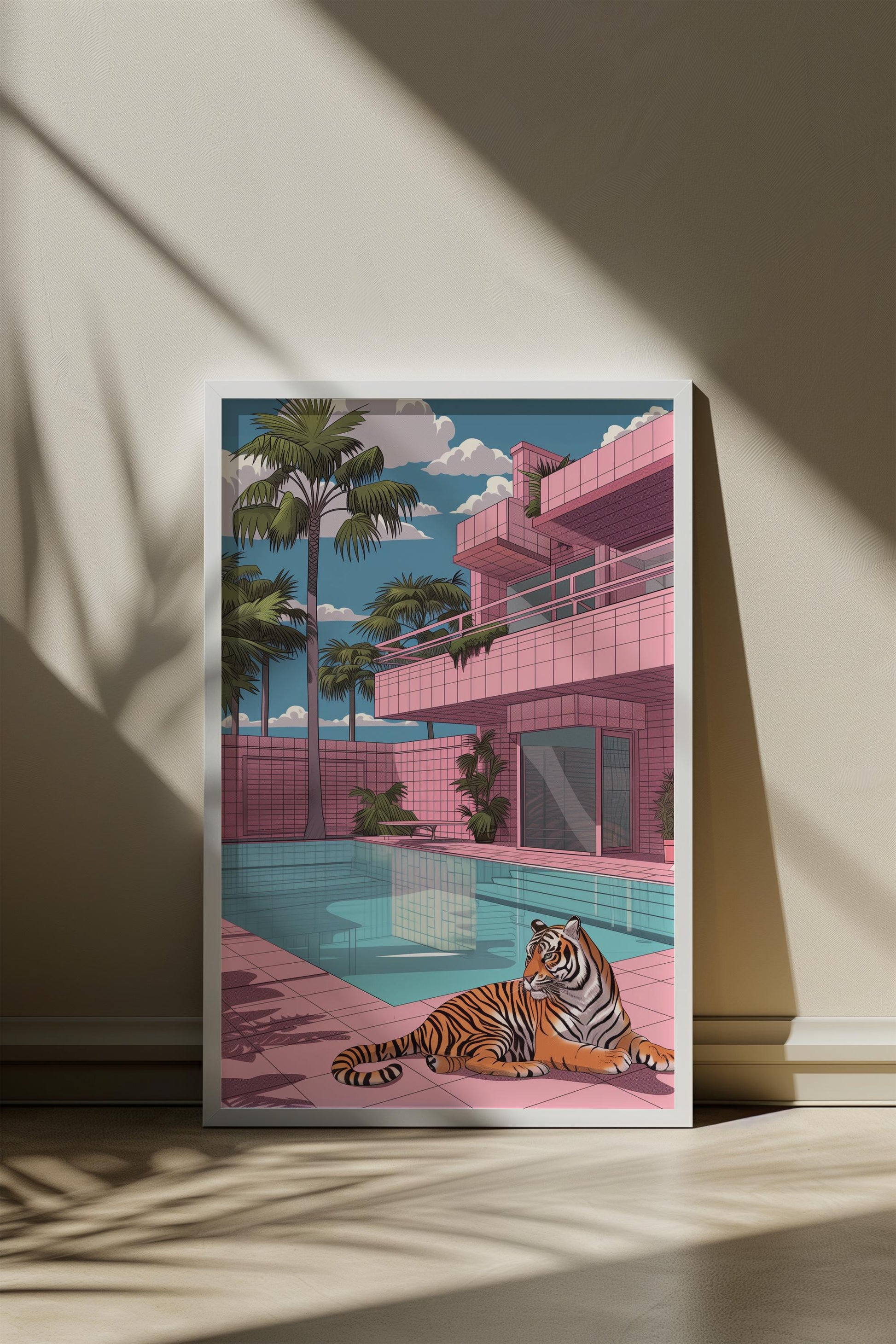 Tiger at the Poolside Print | Hiroshi Nagai Inspired | Brutalism Architecture | Retro Minimalist Art | Semi-Gloss | Wall Art | Home Decor