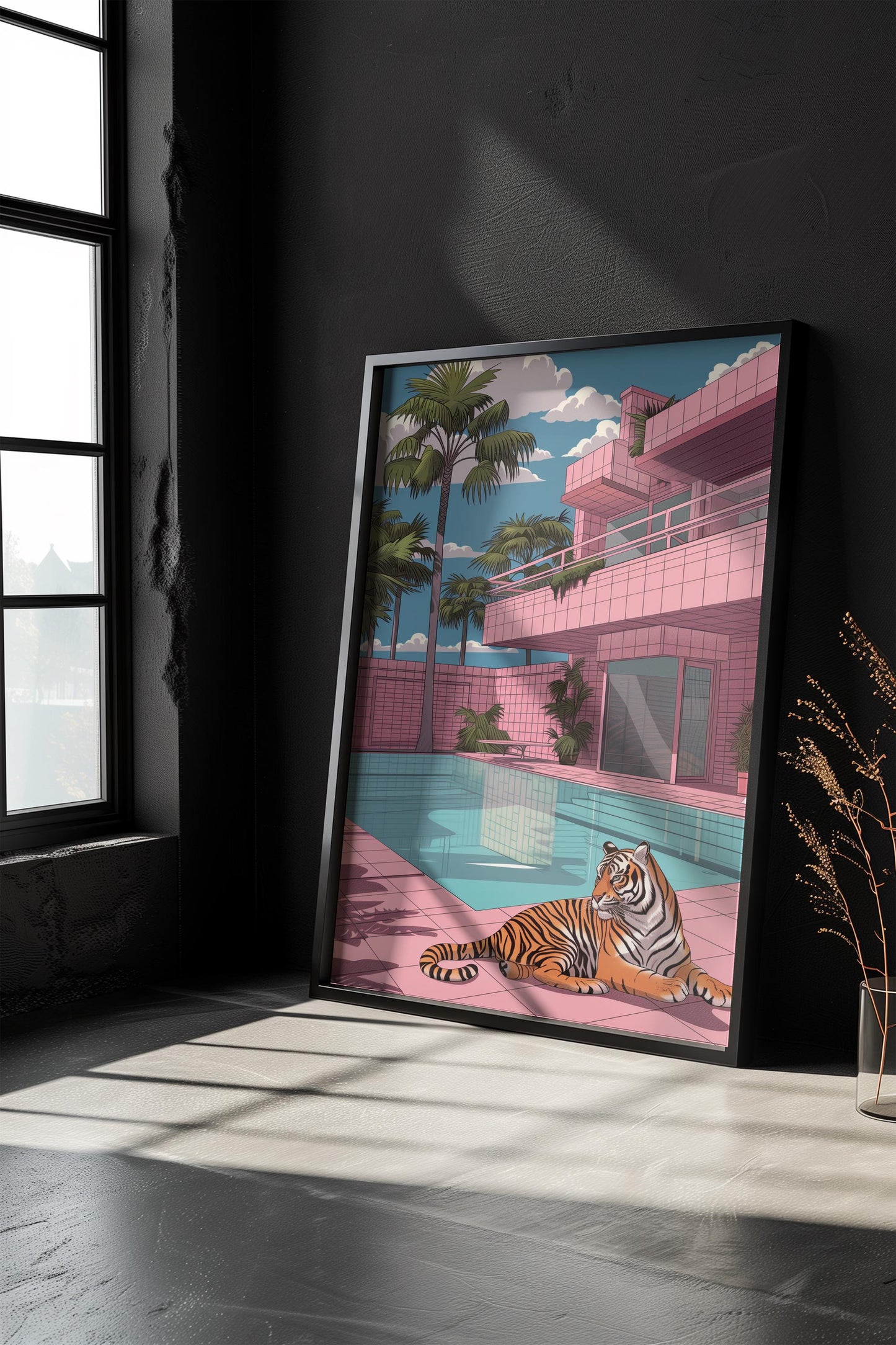 Tiger at the Poolside Print | Hiroshi Nagai Inspired | Brutalism Architecture | Retro Minimalist Art | Semi-Gloss | Wall Art | Home Decor