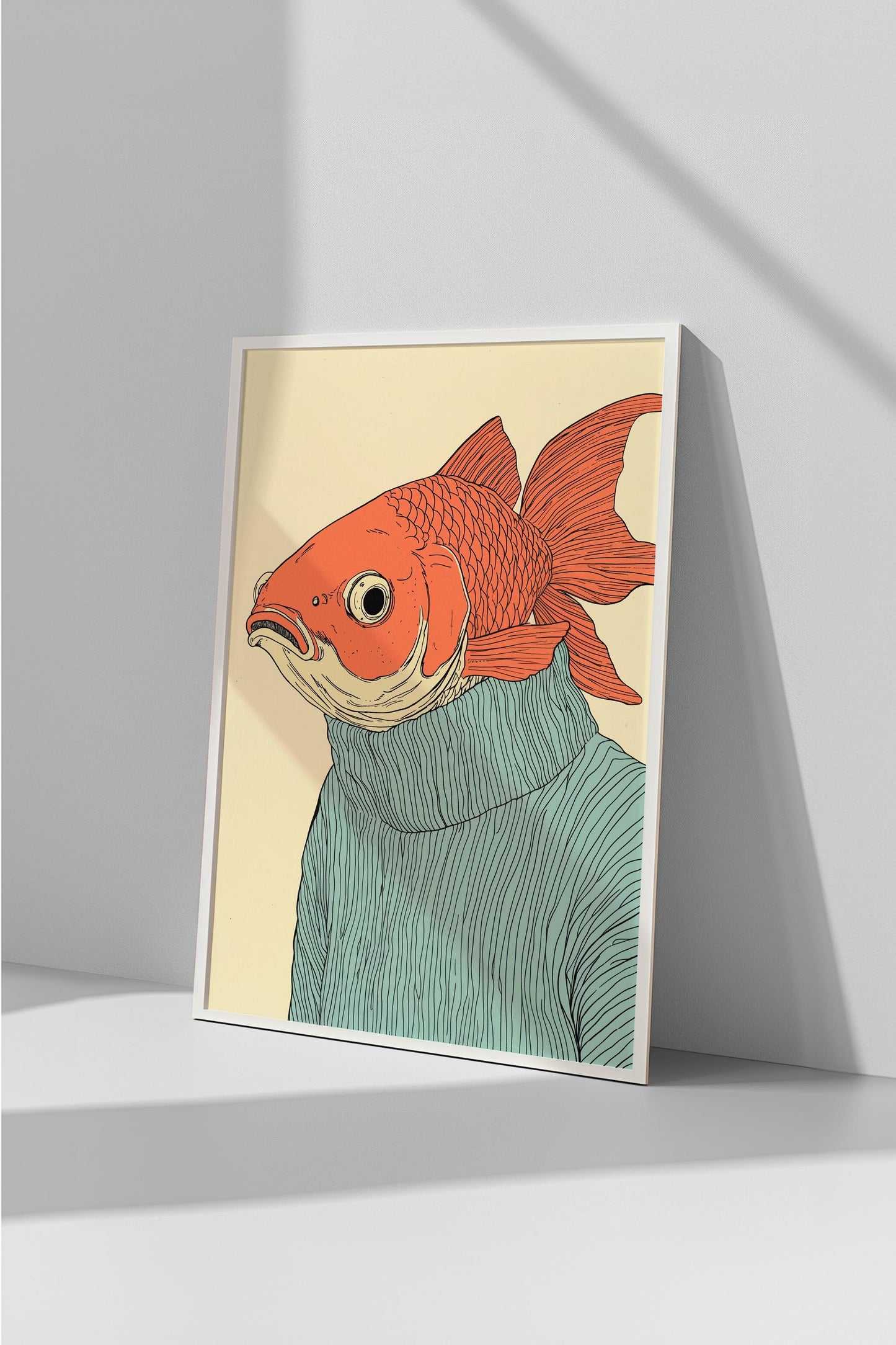 Fish Man in Blue Sweater Poster | Chill Cartoon Style Art | Whimsical Character Design | Semi-Gloss Finish | Playful and Unique Illustration