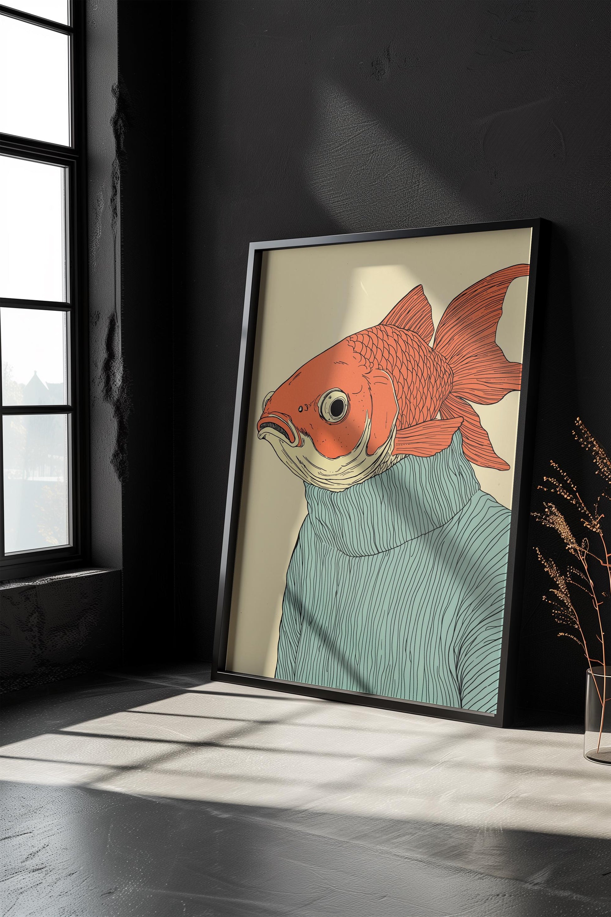 Fish Man in Blue Sweater Poster | Chill Cartoon Style Art | Whimsical Character Design | Semi-Gloss Finish | Playful and Unique Illustration