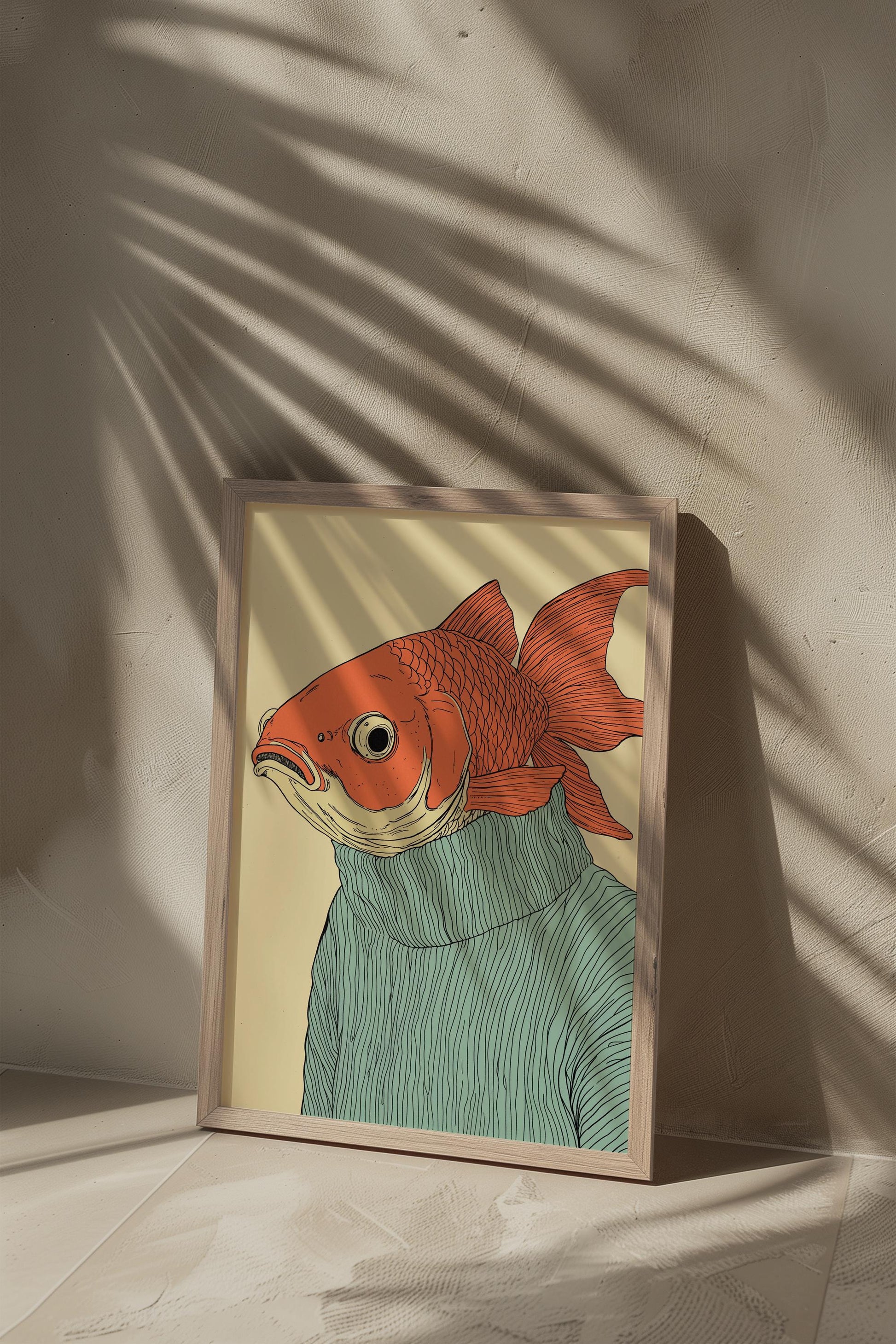 Fish Man in Blue Sweater Poster | Chill Cartoon Style Art | Whimsical Character Design | Semi-Gloss Finish | Playful and Unique Illustration