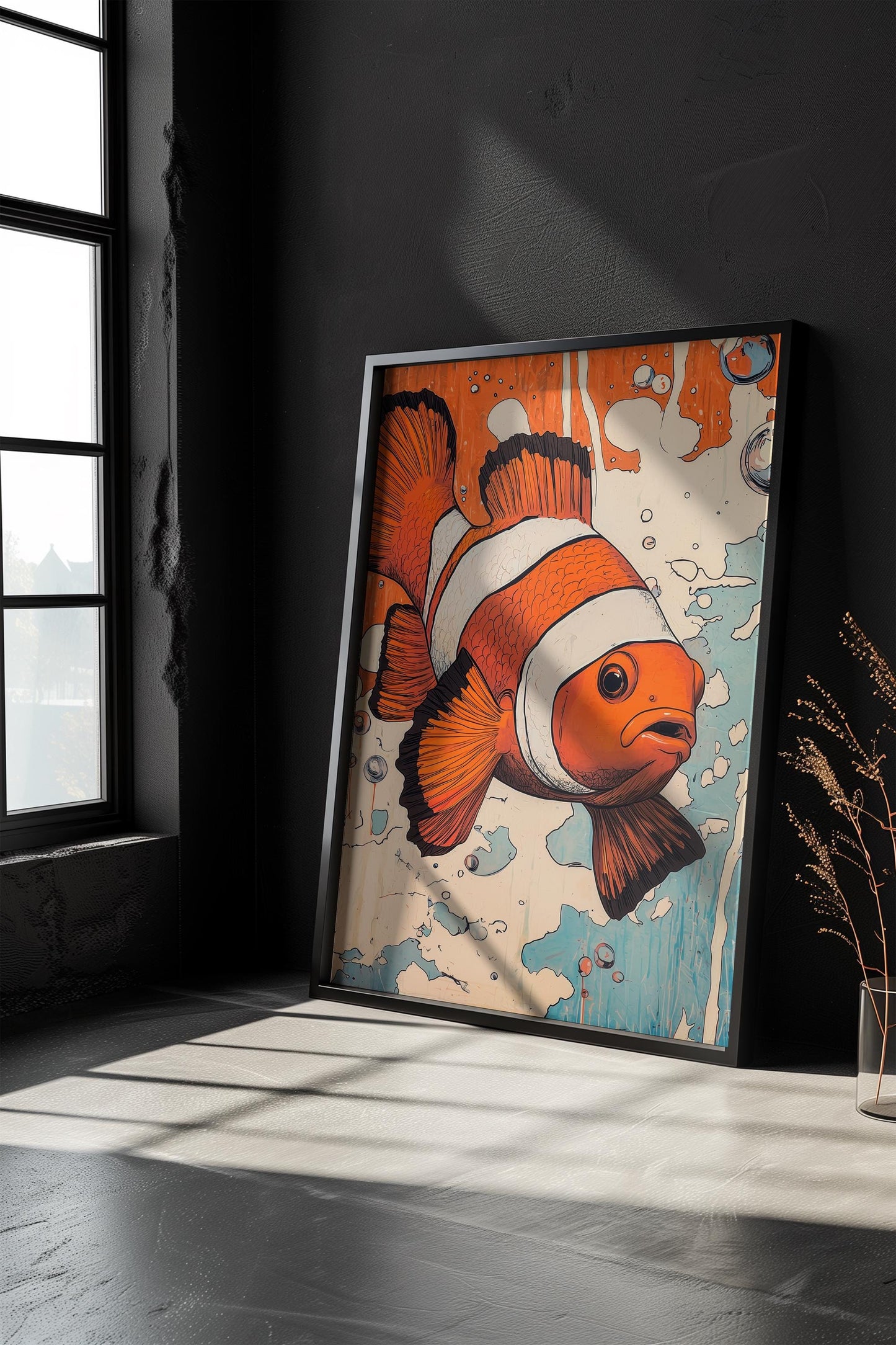 Clown Fish Cartoon Style Art | Minimalist Oceanic Design | Semi-Gloss Finish | Playful Marine Life Illustration | Modern Coastal Decor