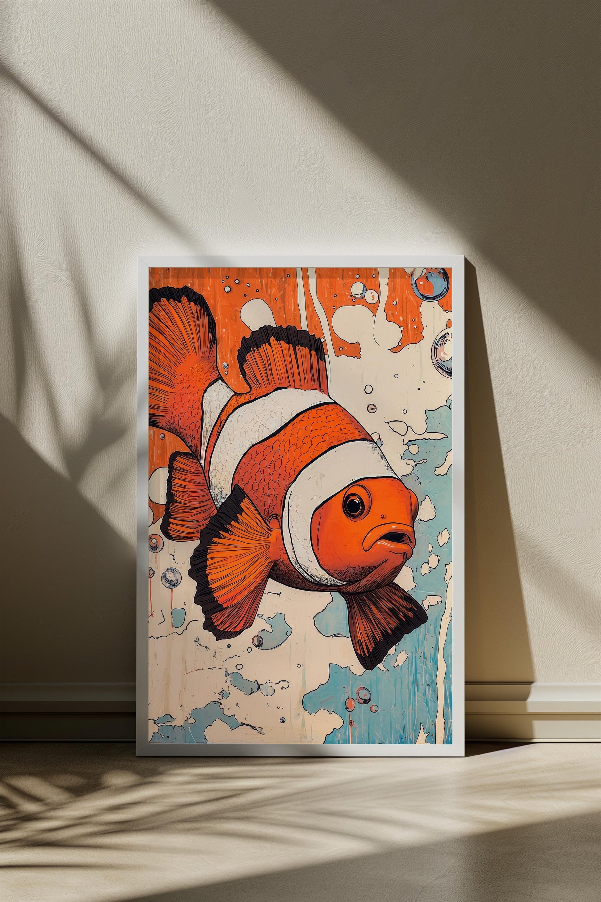 Clown Fish Cartoon Style Art | Minimalist Oceanic Design | Semi-Gloss Finish | Playful Marine Life Illustration | Modern Coastal Decor