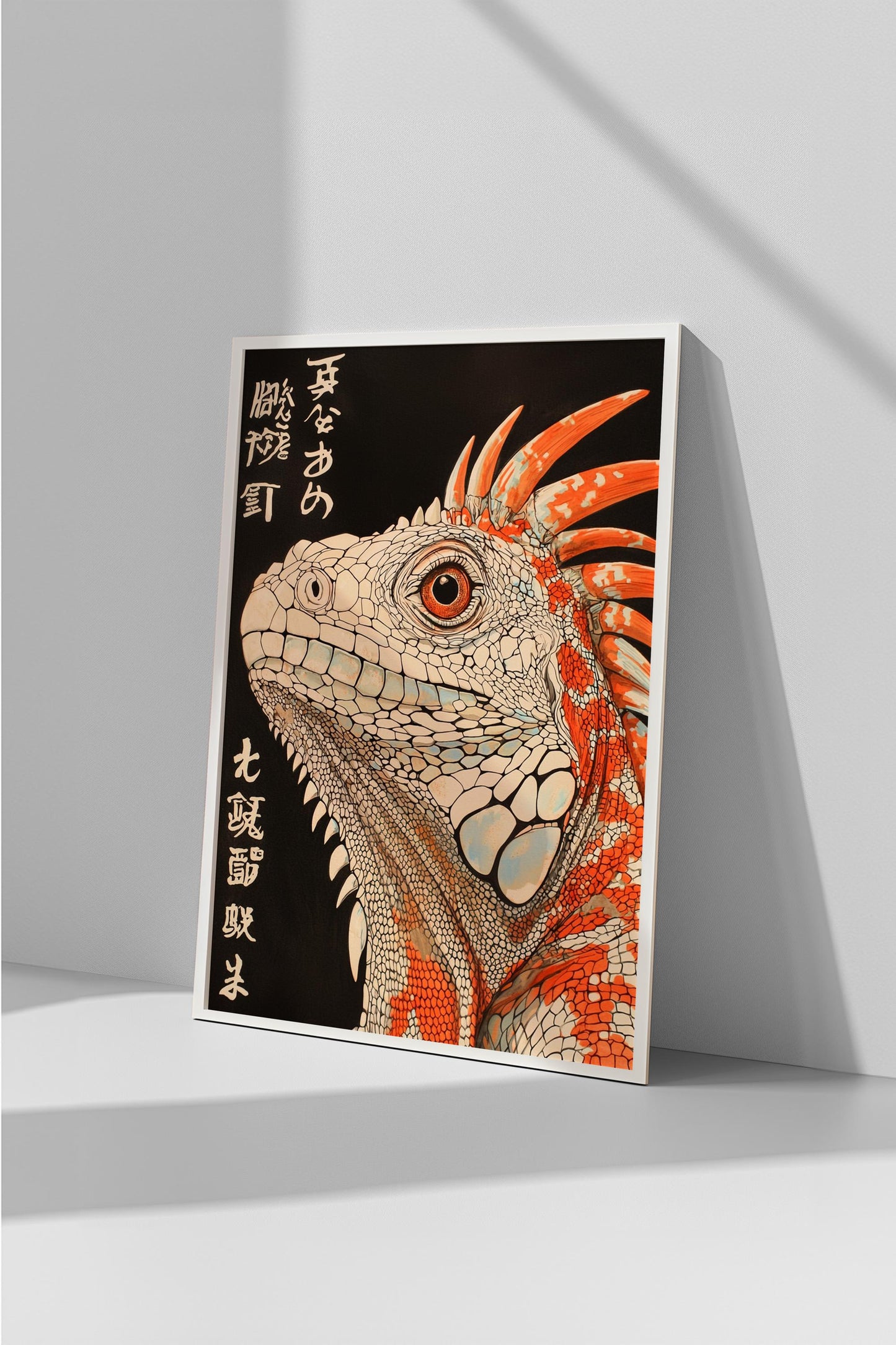 Iguana Japanese Style Print | Black, White, and Orange | Minimalist Reptile Art | Semi-Gloss Finish | Modern Cultural Decor