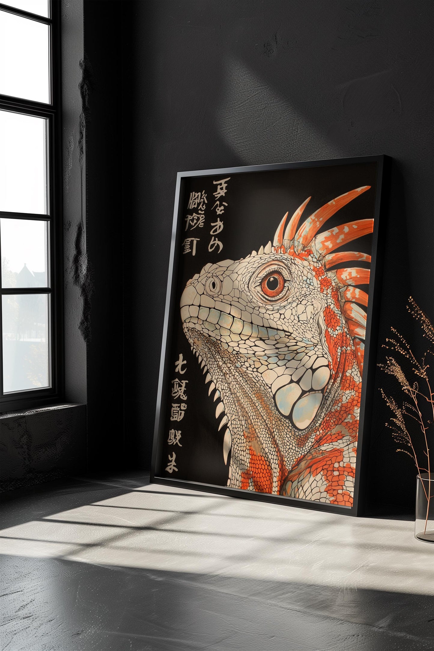 Iguana Japanese Style Print | Black, White, and Orange | Minimalist Reptile Art | Semi-Gloss Finish | Modern Cultural Decor