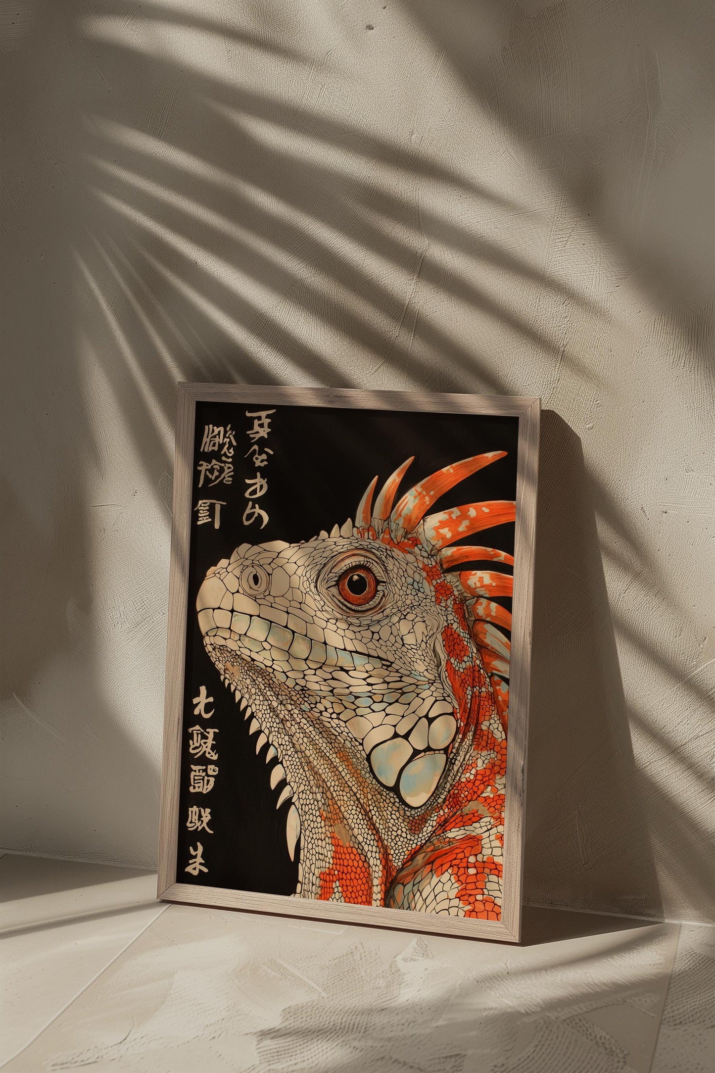 Iguana Japanese Style Print | Black, White, and Orange | Minimalist Reptile Art | Semi-Gloss Finish | Modern Cultural Decor