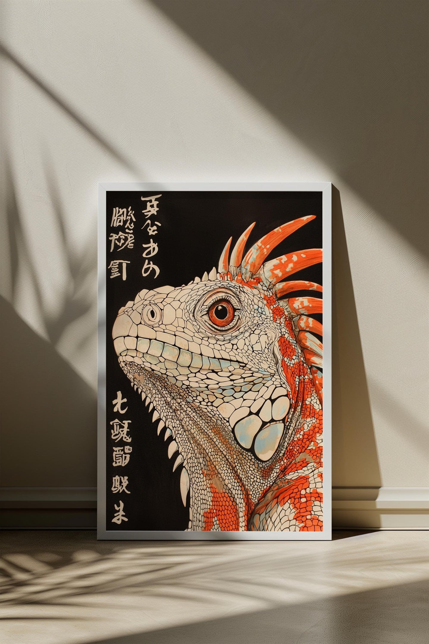 Iguana Japanese Style Print | Black, White, and Orange | Minimalist Reptile Art | Semi-Gloss Finish | Modern Cultural Decor