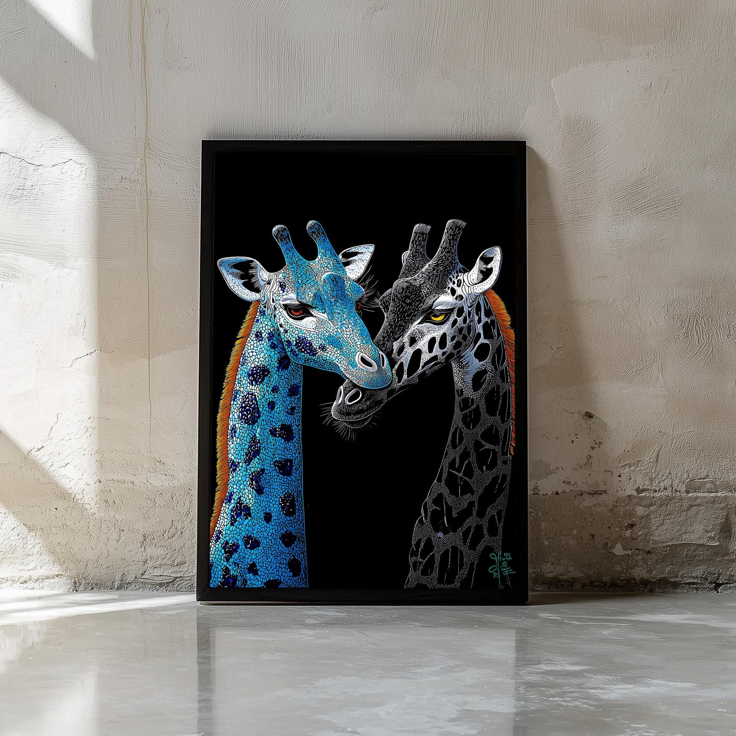 Two Giraffes Japanese Style Print | Vibrant Color Palette | Minimalist Animal Art | Semi-Gloss Finish | Modern and Cultural Fusion