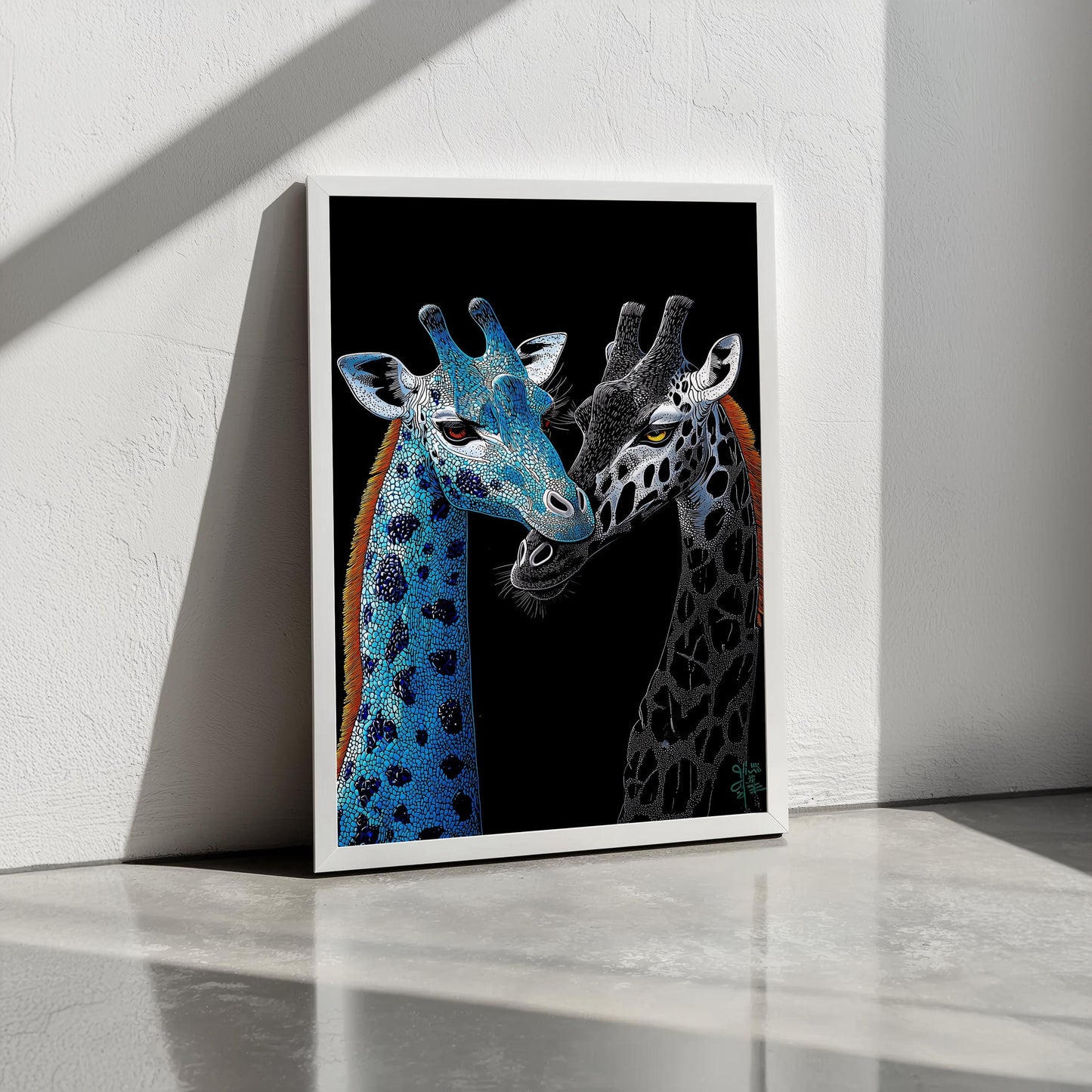 Two Giraffes Japanese Style Print | Vibrant Color Palette | Minimalist Animal Art | Semi-Gloss Finish | Modern and Cultural Fusion