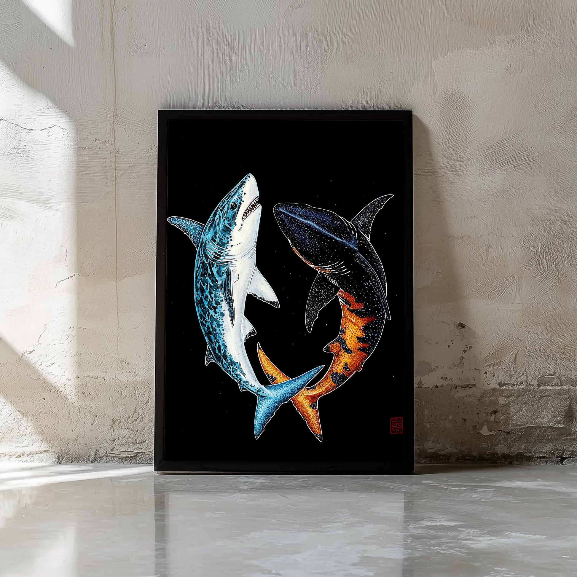 Sharks in Harmony Print | Black, White, Blue, and Orange | Japanese Inspired Art | Semi-Gloss Finish | Minimalist Oceanic Design