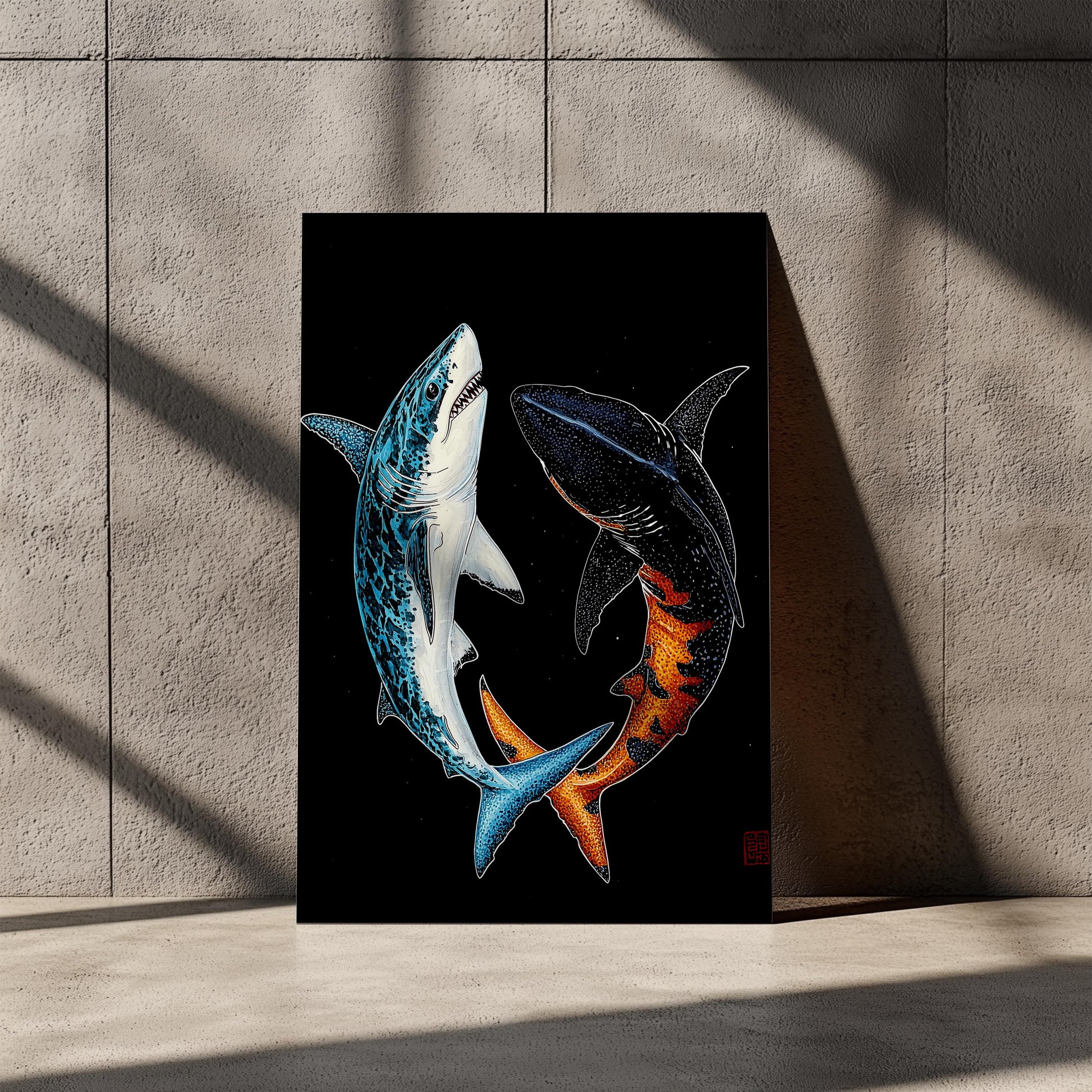 Sharks in Harmony Print | Black, White, Blue, and Orange | Japanese Inspired Art | Semi-Gloss Finish | Minimalist Oceanic Design