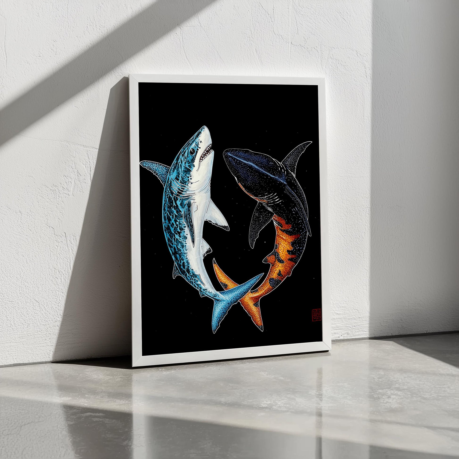 Sharks in Harmony Print | Black, White, Blue, and Orange | Japanese Inspired Art | Semi-Gloss Finish | Minimalist Oceanic Design