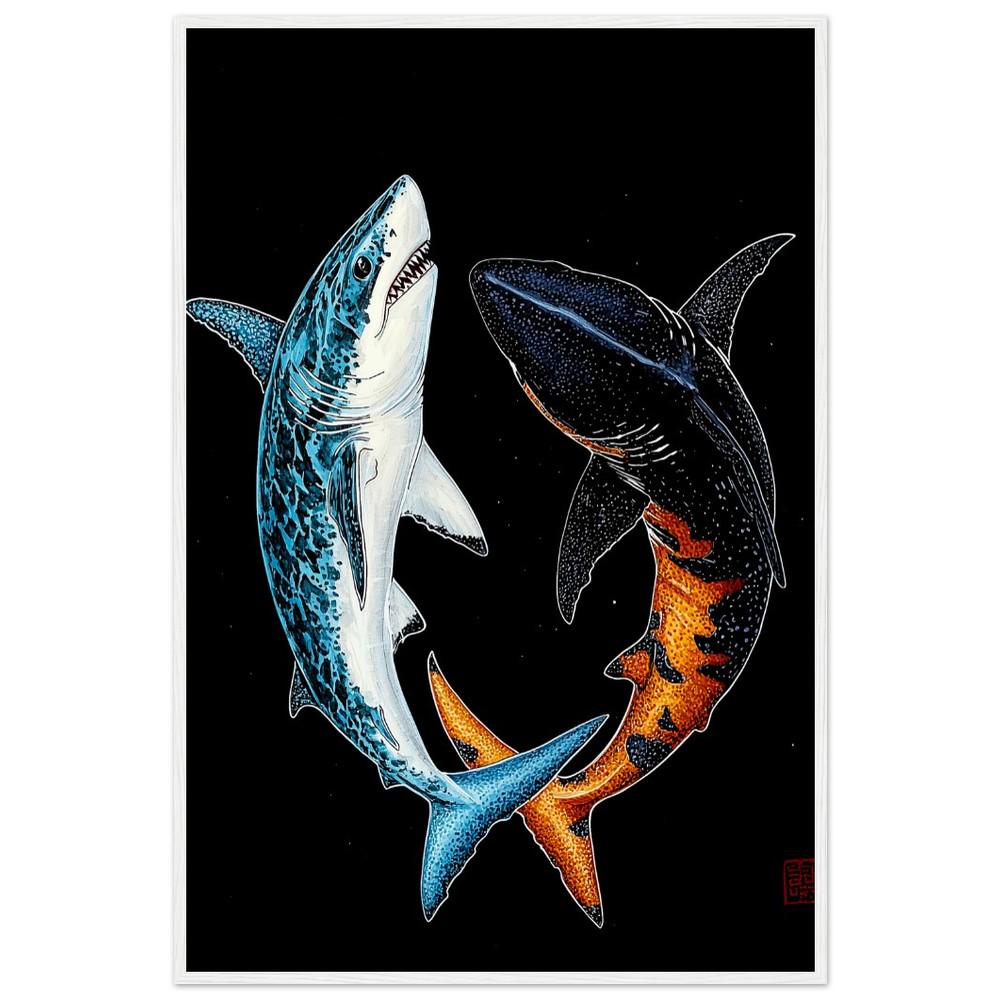 Sharks in Harmony Print | Black, White, Blue, and Orange | Japanese Inspired Art | Semi-Gloss Finish | Minimalist Oceanic Design