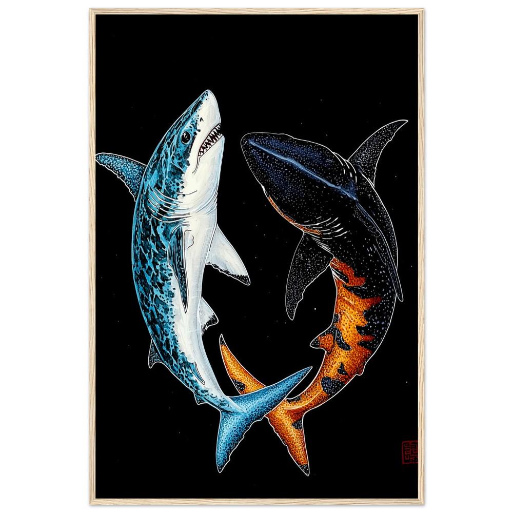 Sharks in Harmony Print | Black, White, Blue, and Orange | Japanese Inspired Art | Semi-Gloss Finish | Minimalist Oceanic Design