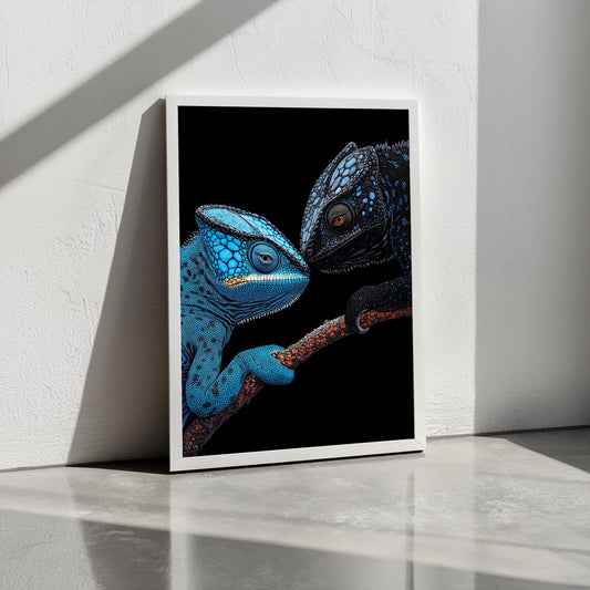 Chameleons Art Print | Blue and Black | Framed Decor | Modern Minimalist Design | Semi-Gloss Finish