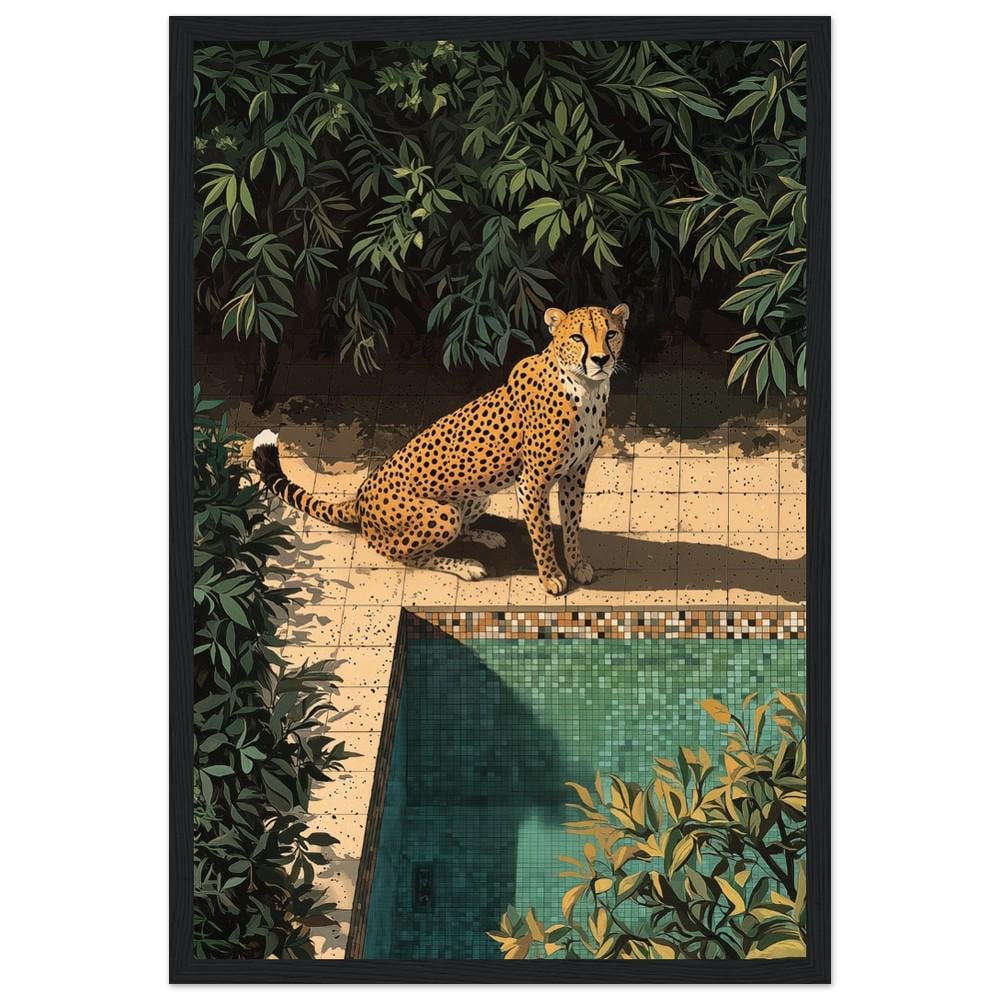 Cheetah by Poolside Art Print | Hiroshi Nagai Inspired | Beige and Green | Retro Minimalist Design | Semi-Gloss Finish