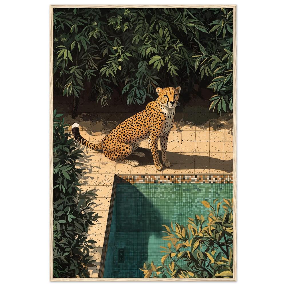 Cheetah by Poolside Art Print | Hiroshi Nagai Inspired | Beige and Green | Retro Minimalist Design | Semi-Gloss Finish