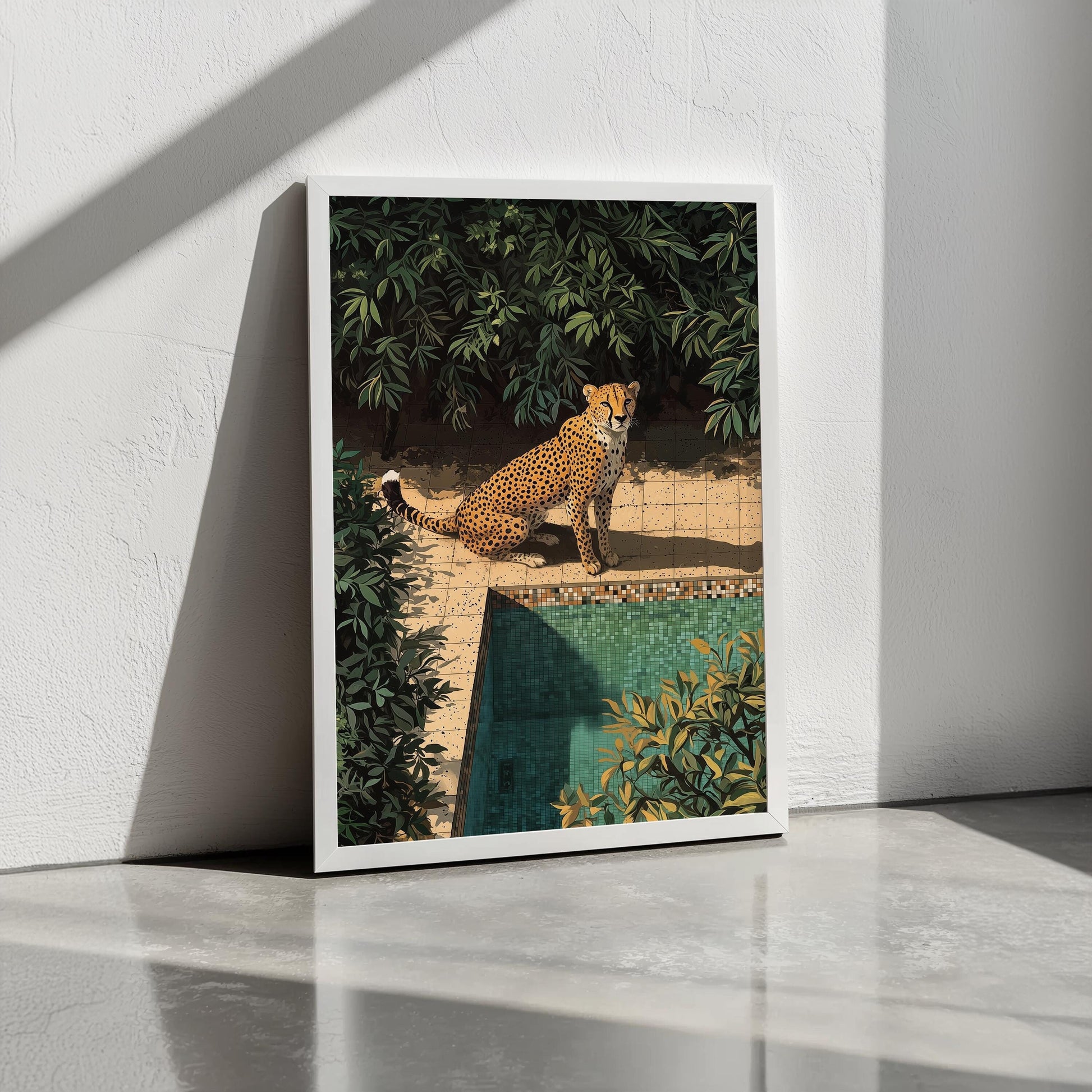 Cheetah by Poolside Art Print | Hiroshi Nagai Inspired | Beige and Green | Retro Minimalist Design | Semi-Gloss Finish