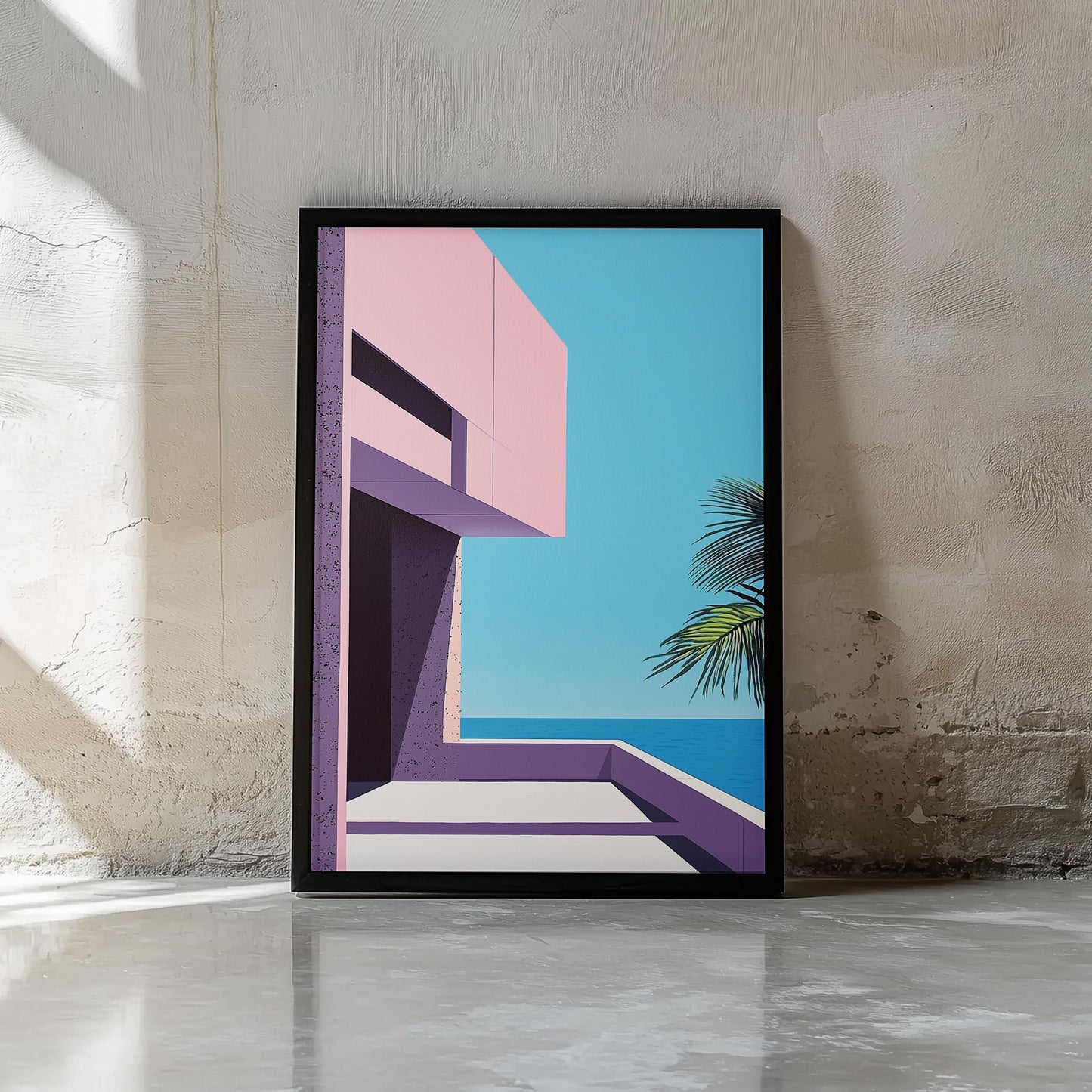 Brutalist Architecture Inspired Art Print | Hiroshi Nagai Style | Palm and Beach Scene | Retro Minimalism | Semi-Gloss Finish