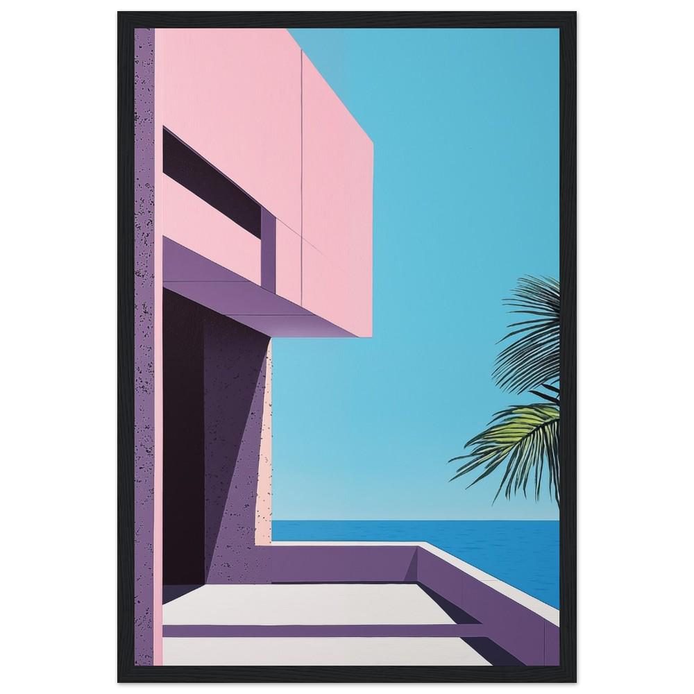 Brutalist Architecture Inspired Art Print | Hiroshi Nagai Style | Palm and Beach Scene | Retro Minimalism | Semi-Gloss Finish